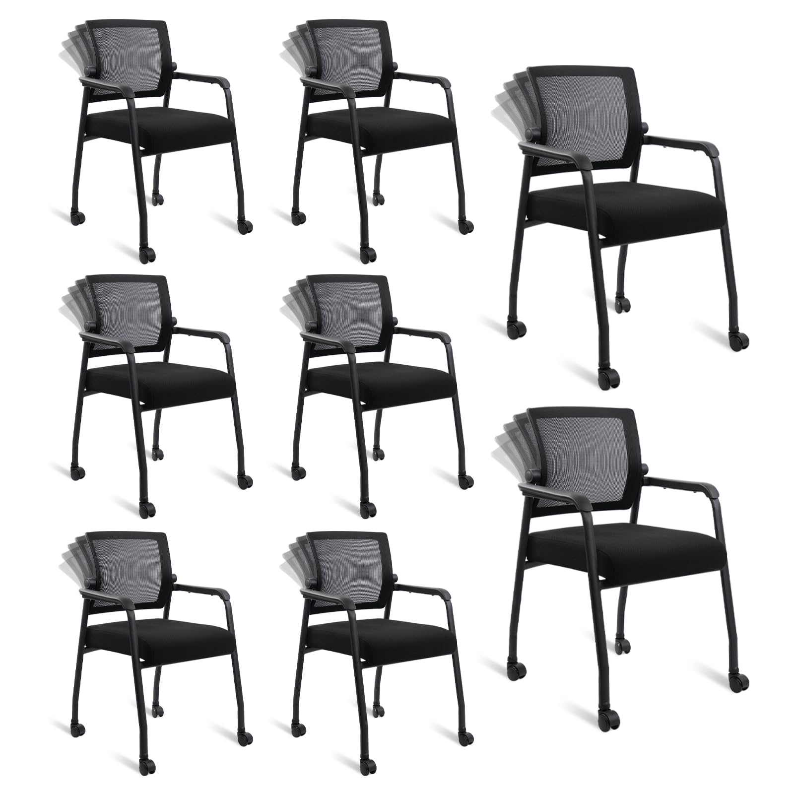 KLASIKA Waiting Room Chairs with Wheels, Adjustable Mesh Backrest, Desk Chair with Ergonomic Lumbar Support and Thickened Seats Cushion, 8 Pack Black