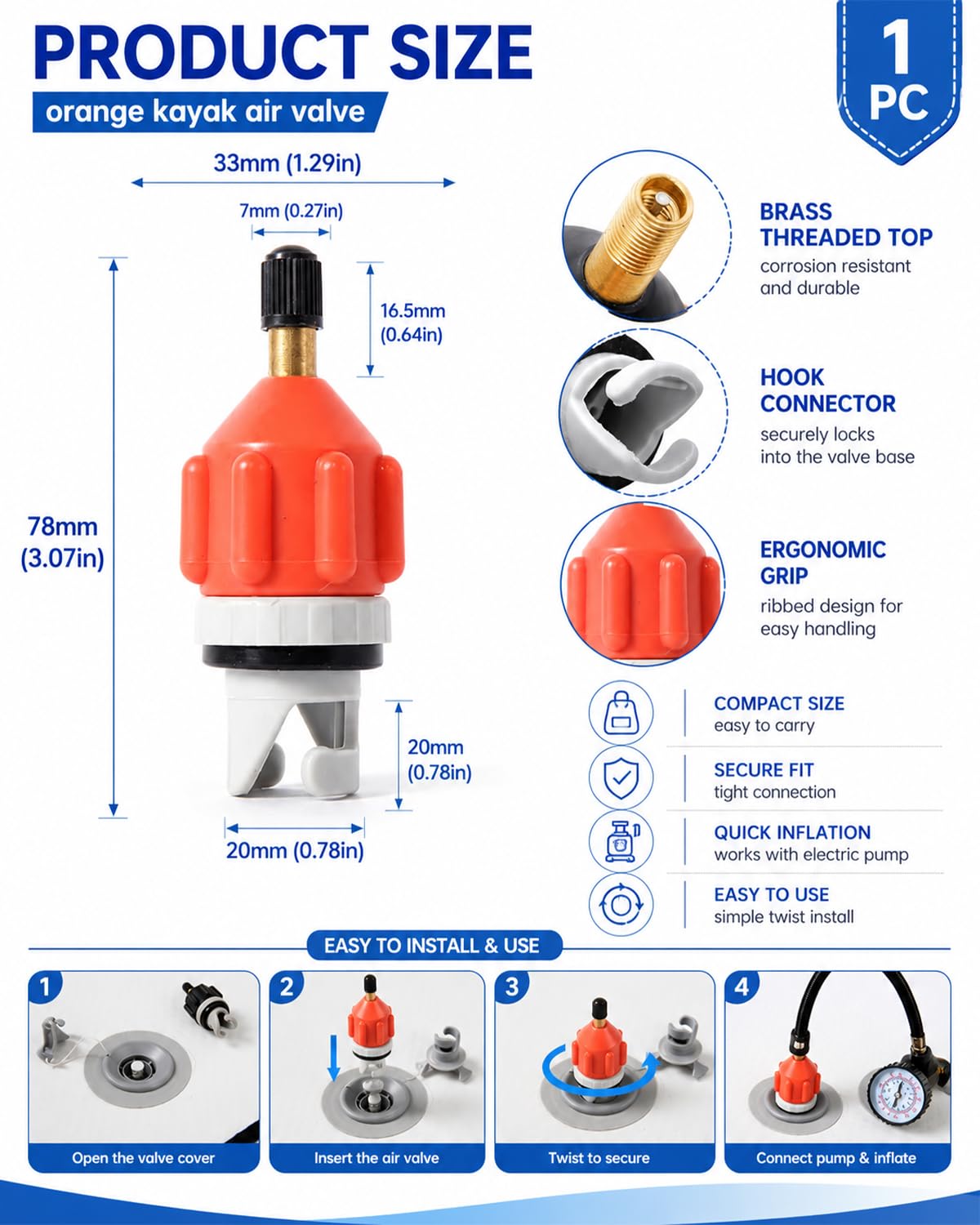Válvula De Aire Para Kayak Y SUP, Naranja, Universal, Compatible Con Bombas Y Kits De Reparación