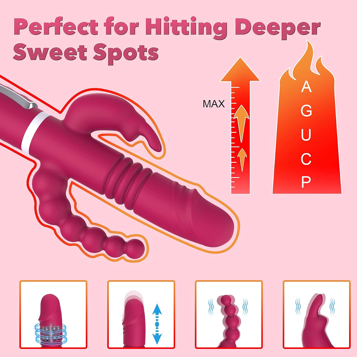 Triple Action Beaded Thrusting Vibrator - BOMBEX Gary, 10.2" Curved Head G Spot Vibrator, Rabbit Vibrator for Clitoral Stimulation, Angled Anal Beads, Adult Sex Toys for Women, Rose Red