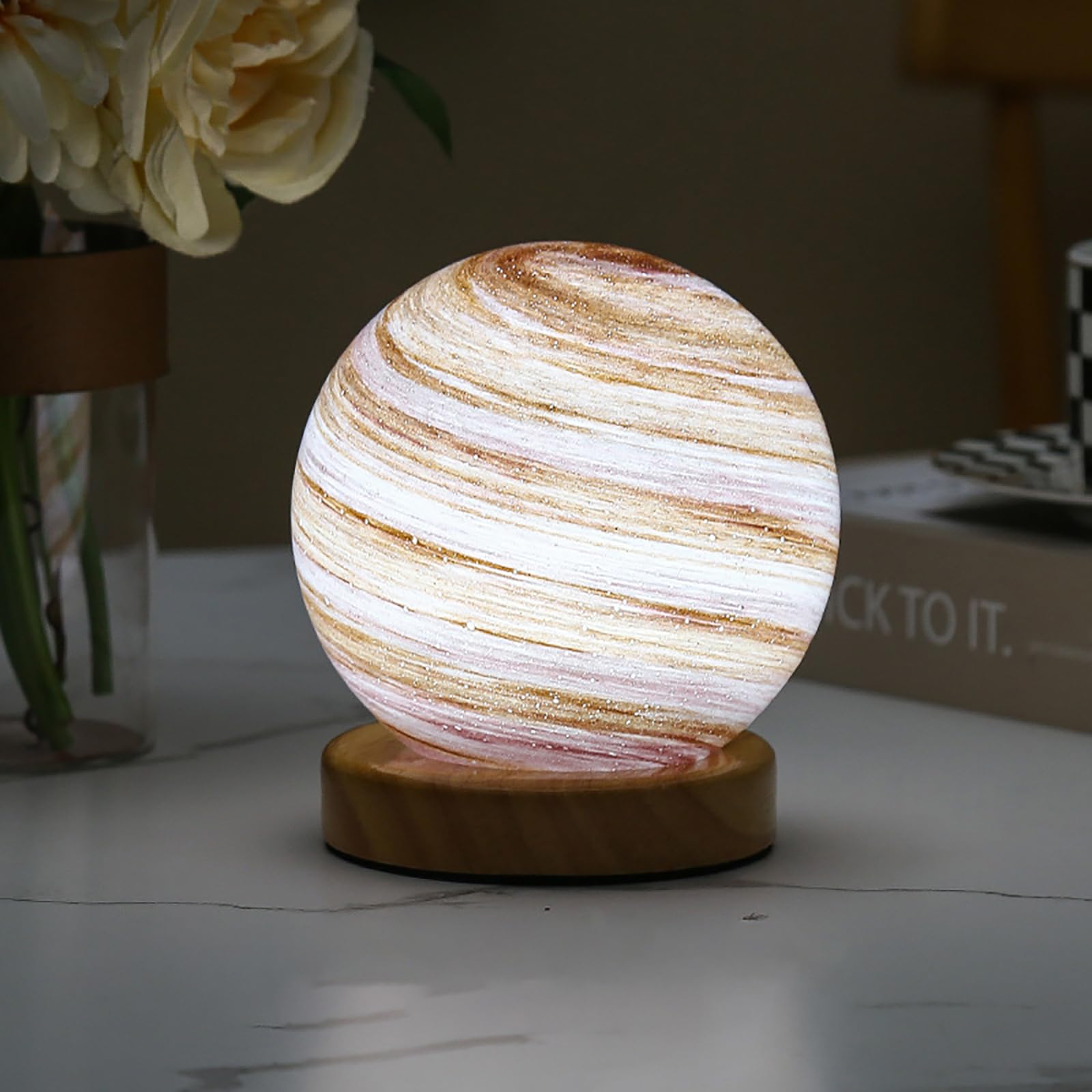 Aesthetic Glass Planet Night Light — 3 Light Modes 12cm Starry Sky Effect Neon Lamp USB Powered Thoughtful Gift for Her/Him Nighttime Decorative Table Lamp for Kids' Rooms
