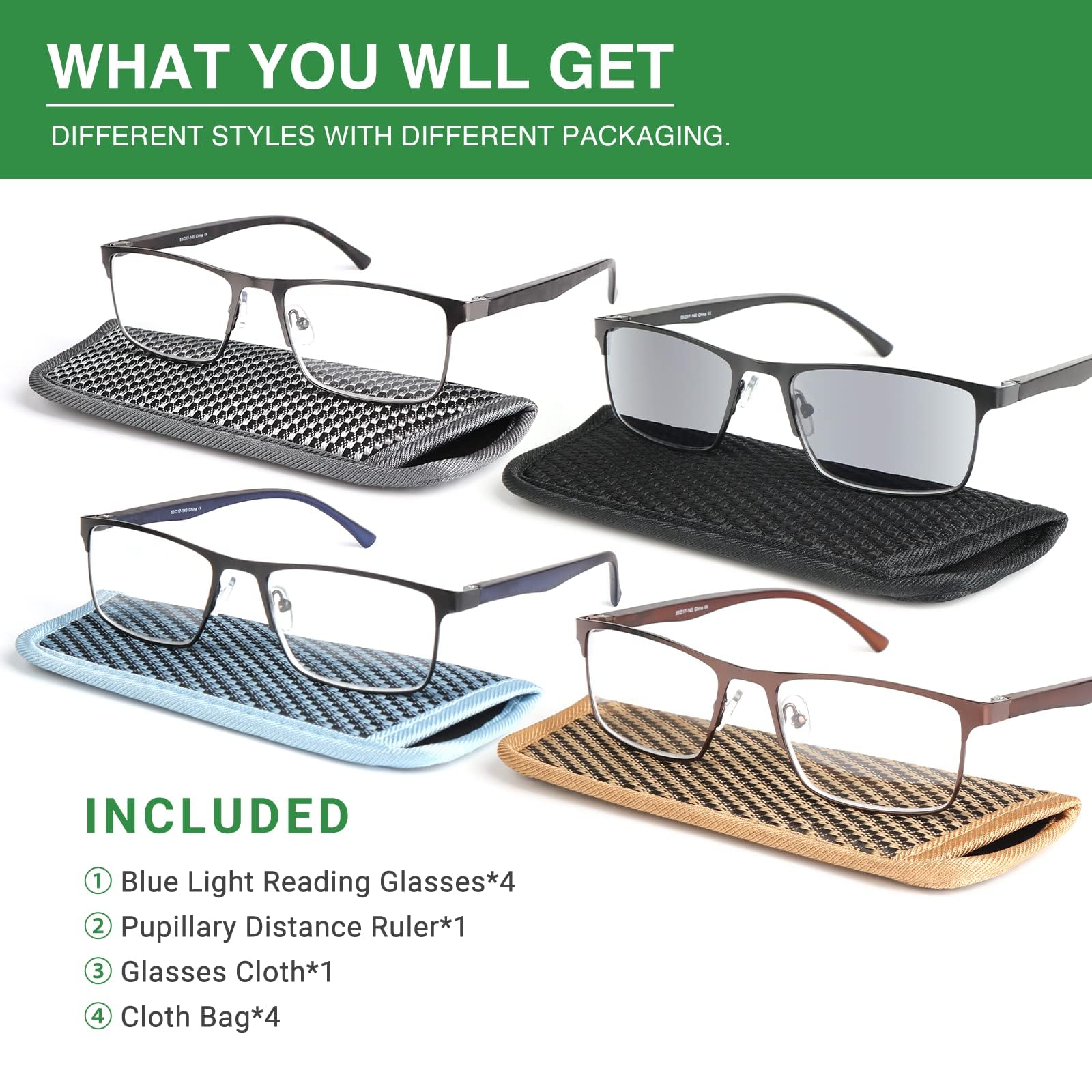Lesebrille für Herren, 4 Stück, Computerbrille mit Blaulichtblockierung, Vollrahmenleser, Anti-UV/Ermüdung der Augen, Blendung