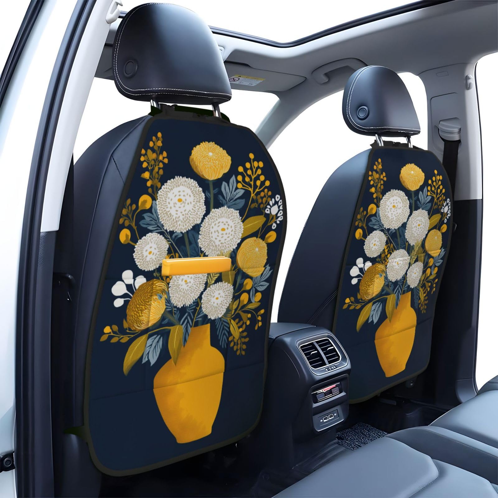 White Yellow Flowers Orange Vase Mid-Century Car Seat Back Kick Protectors,2 Pack Kick Mats with Storage Pockets for Vehicles to Protect from Dirt Mud Scratches
