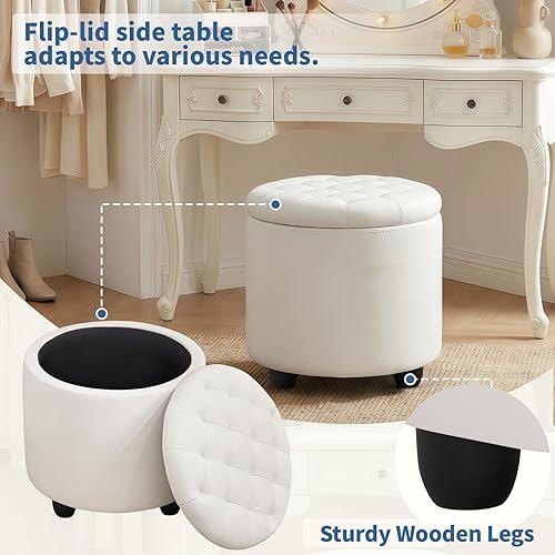 Miniatura 6 de Furniliving Otomana Redonda Tapizada con Botones Acolchados, Otomana Redonda de Almacenamiento de PU, Tapa Removible Reposapiés Convenientes,