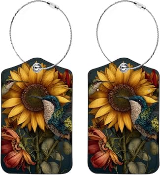 2 Pack Sunflower Butterfly Hummingbird 3 Bag Tags for Luggage Long Flight Must Haves Travels Gift Airport Essentials