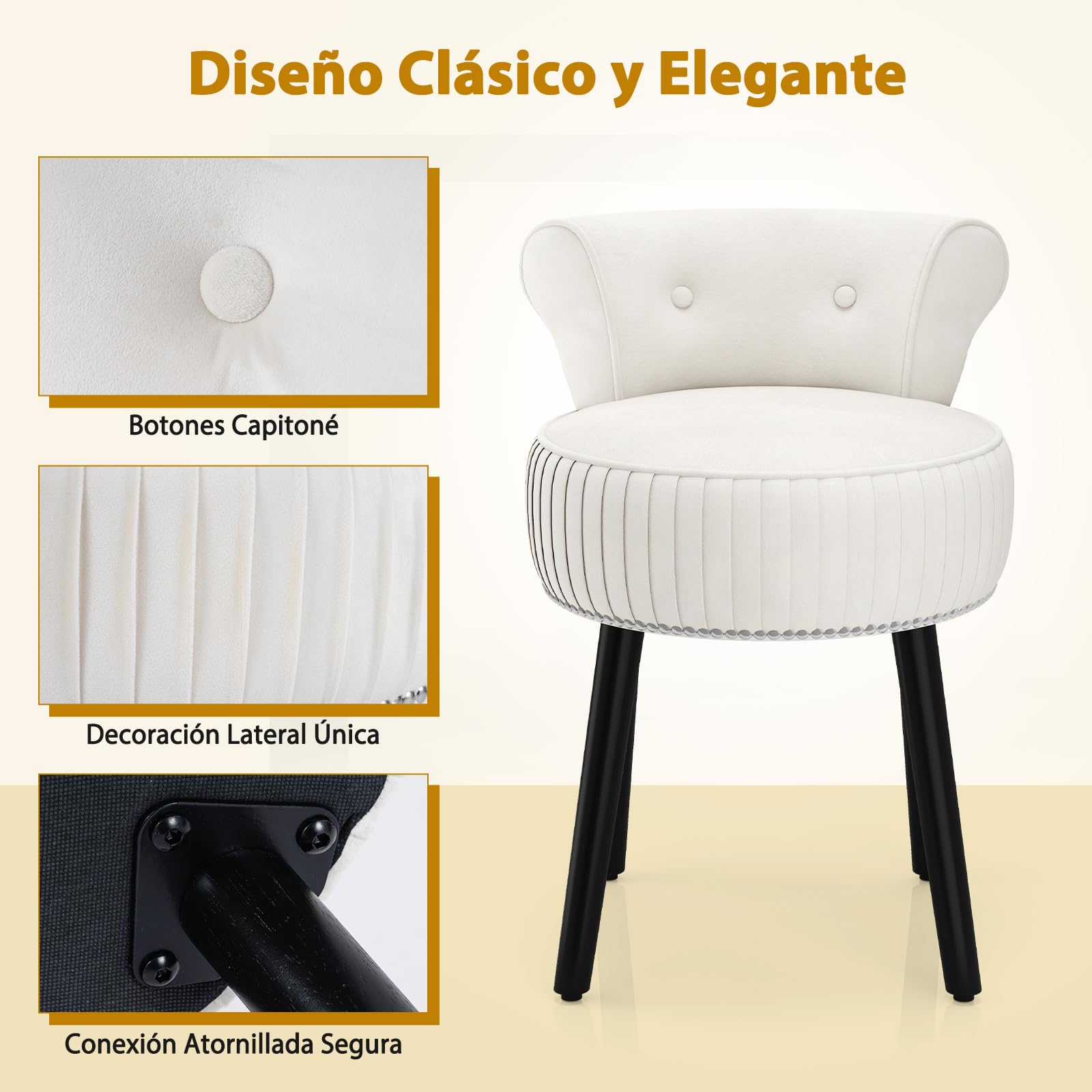 GIANTEX Silla para Tocador, Taburete de Maquillaje con Respaldo, Silla Acolchada de Terciopelo con Patas de Madera de Caucho, Sillón Moderno sin Brazos para Dormitorio Vestidor Sala de Estar (Beige)