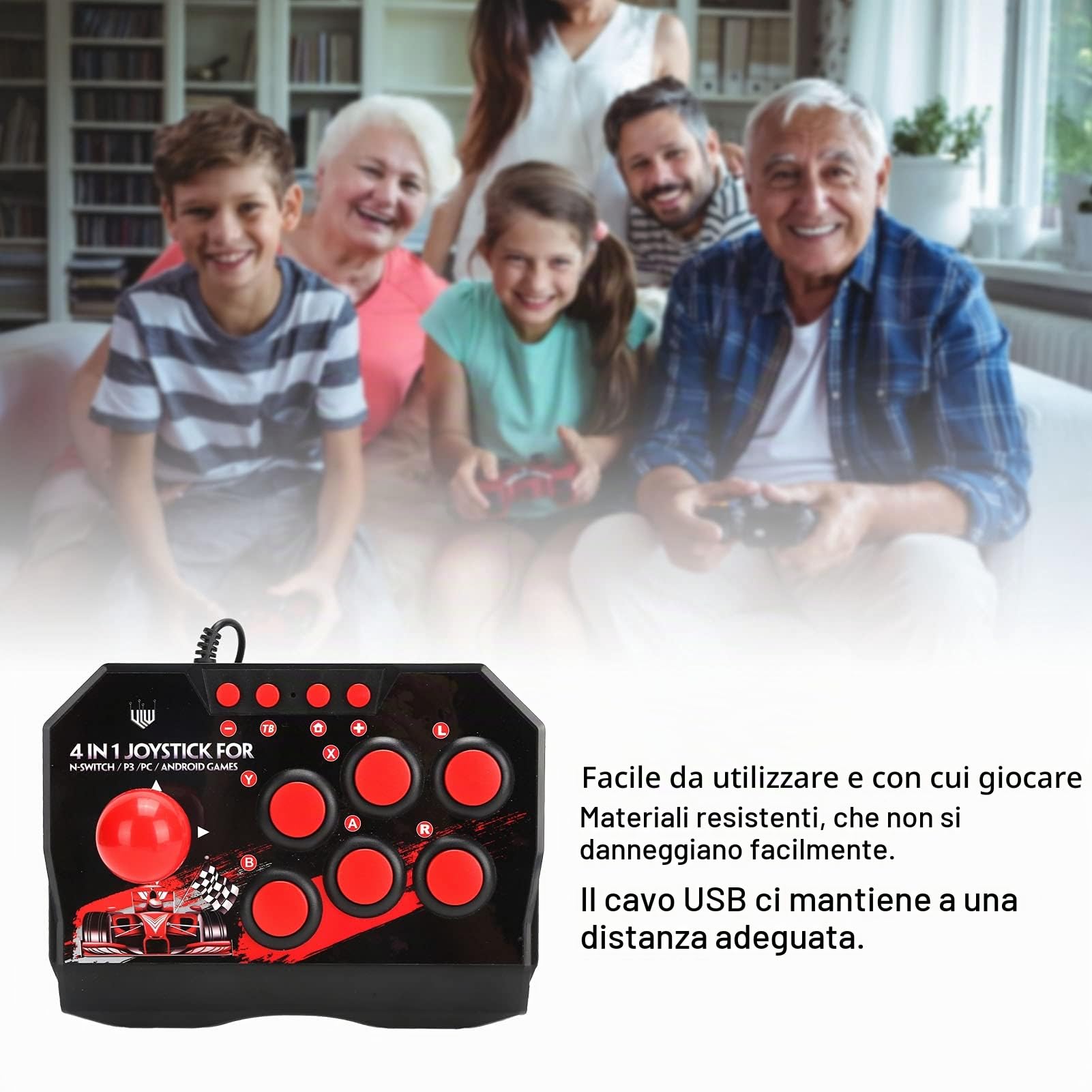 Arcade Fight Stick, Controller di Giochi Arcade con Joystick Arcade Cablato 4 in 1 con Funzioni Turbo, Adatto per Giochi Switch/PC/PS3/Android