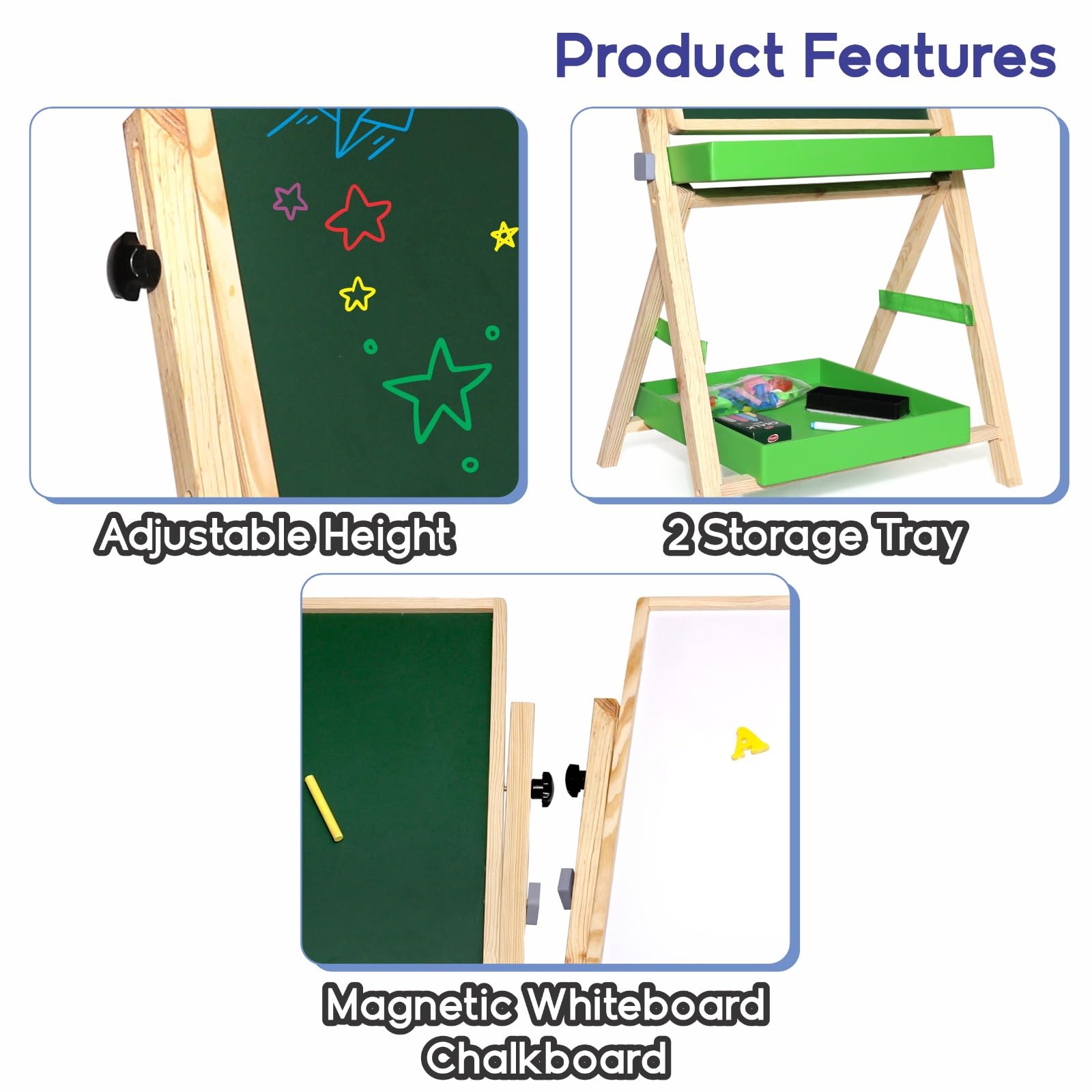 Aditi Toys 2-in-1 Wooden Easel Board for Kids – Magnetic Whiteboard & Chalkboard, Adjustable Height, with Alphabets, Numbers, Marker, Chalks, Duster, Storage Trays, Safe Non-Toxic for Ages 3+ 2