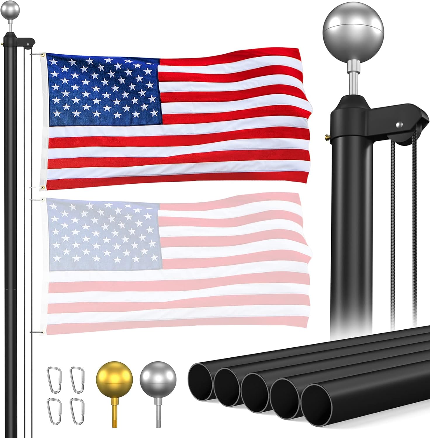 Panta Flag Pole for Outside In Ground, 20FT Sectional Flag Pole Kit, Extra Thick Heavy Duty Aluminum Flagpole, Outdoor Inground Flag Poles with 2 Topper Balls for Yard, Residential or Commercial,Black