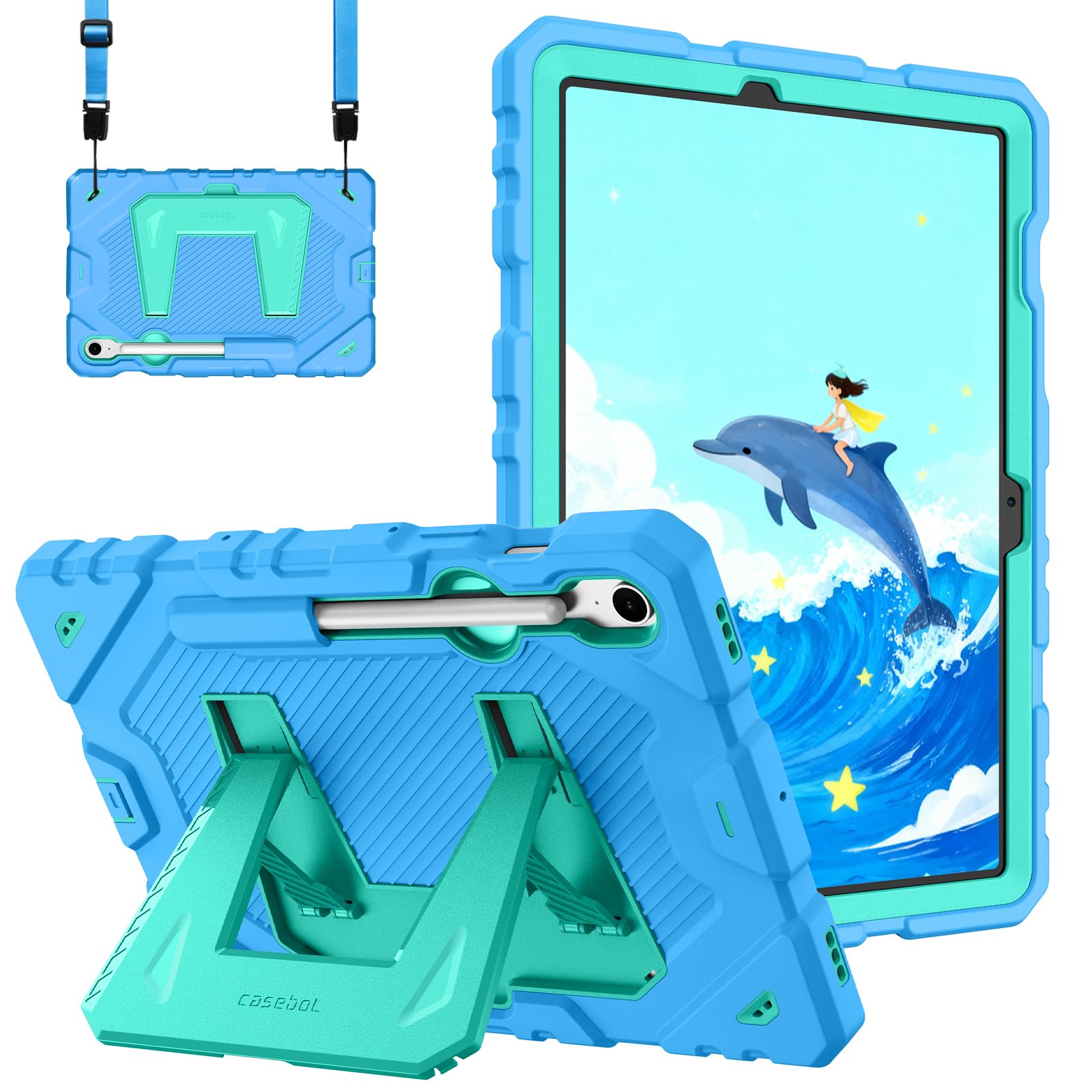 Fintie Kids Friendly Case for Samsung Galaxy Tab S10 Lite/ S10 FE/ S9 FE 10.9 Inch/Tab S9 11 Inch, Fully-Body Rugged Heavy Duty Shockproof Protective Case with Kickstand & Shoulder Strap (Blue)