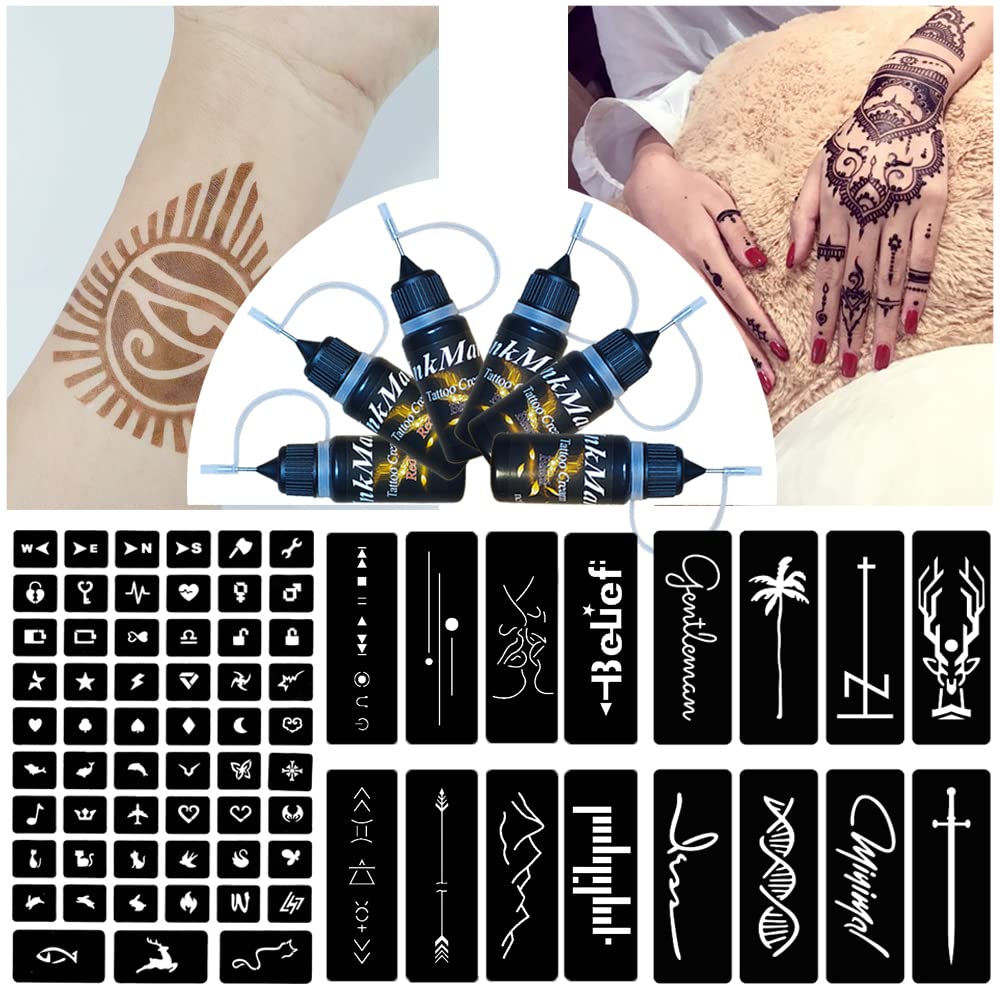 InkMark 6 Bottles 3 Colors Temporary Tattoo Kit, 73 Different Tattoo Patterns, Natrual Body Art Panting Tattoos Ink Set, Tattoo Stencils Stickers, Black, Red, Brown (Black*2,Red*2,Brown*2)
