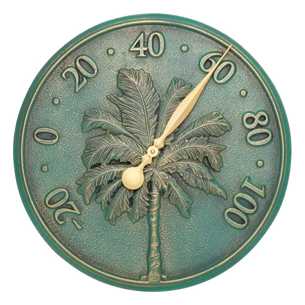 Whitehall Palm Tree Outdoor Thermometer, 16 Inch Bronze Verdi Aluminum Wall Thermometer, Decorative Large Dial Temperature Gauge for Patio Porch Garden Indoor Outdoor Wall Décor