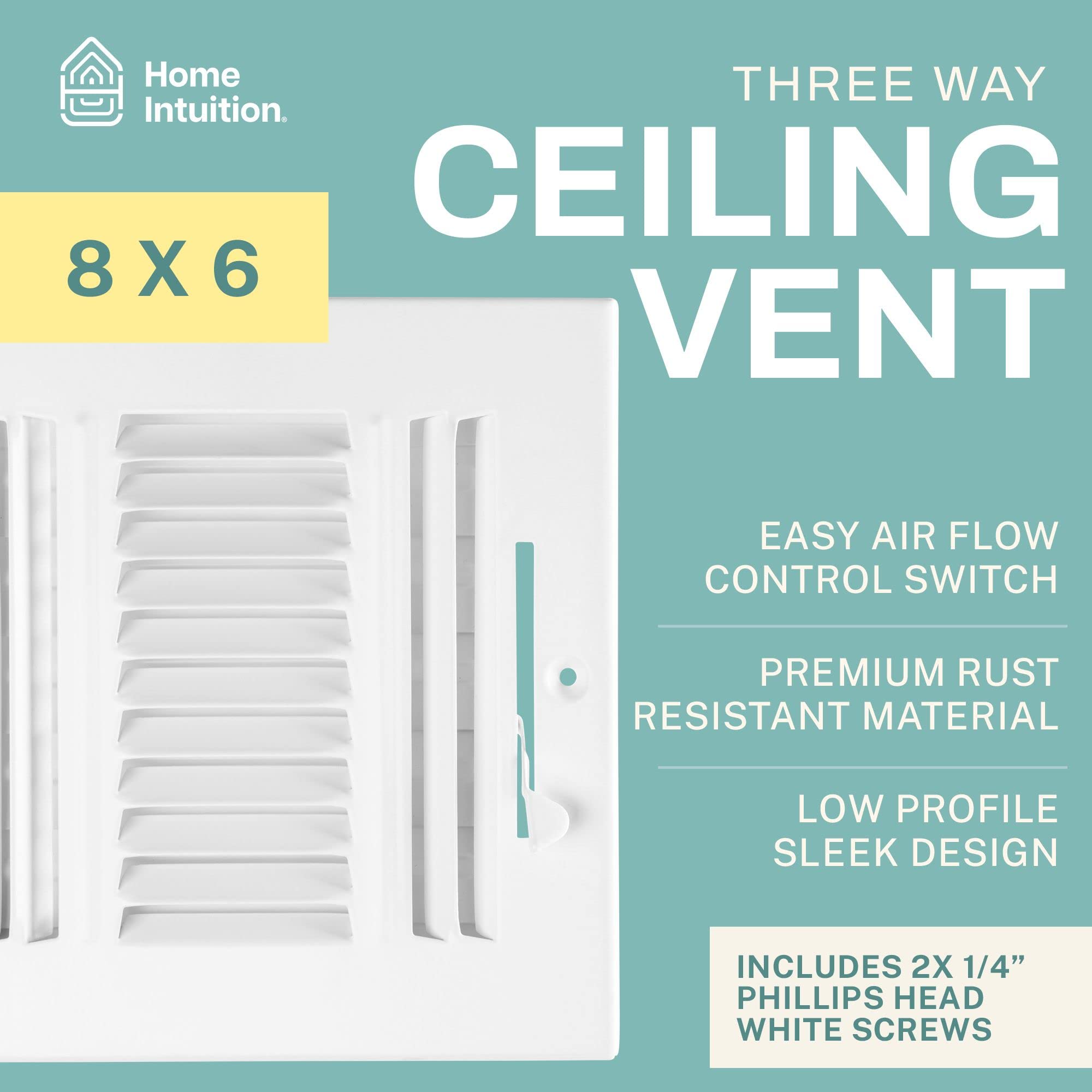 Home Intuition Ceiling Register - Air Vent Covers for Home Ceiling or Wall  - 8X6 Inch (Duct Opening) 3-Way White Grille Register Cover with Adjustable  Damper for HVAC Heat and Cold Air