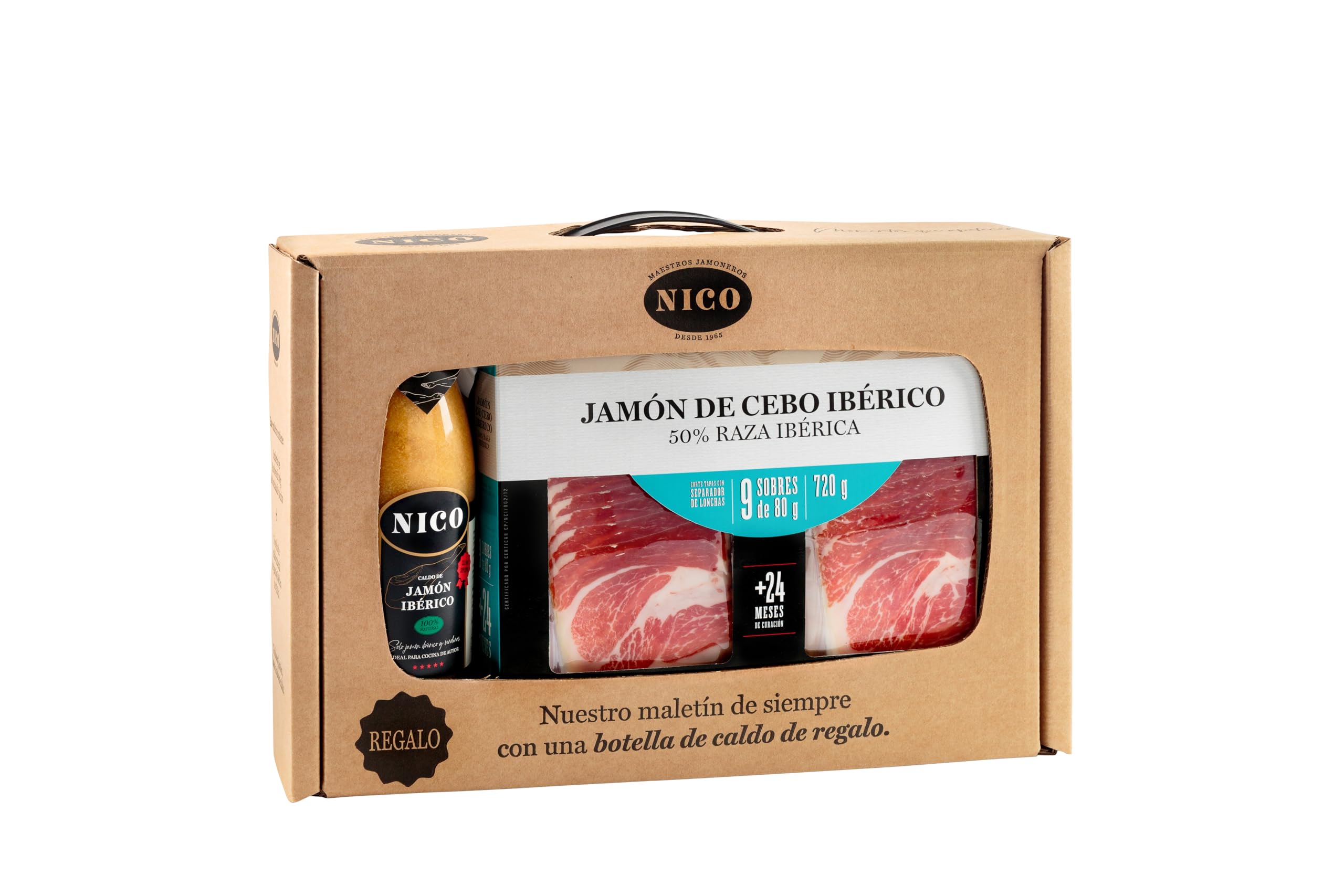 NICO - CAJA MALETIN Loncheado de JAMON DE CEBO IBERICO + botella de CALDO de 750 ml