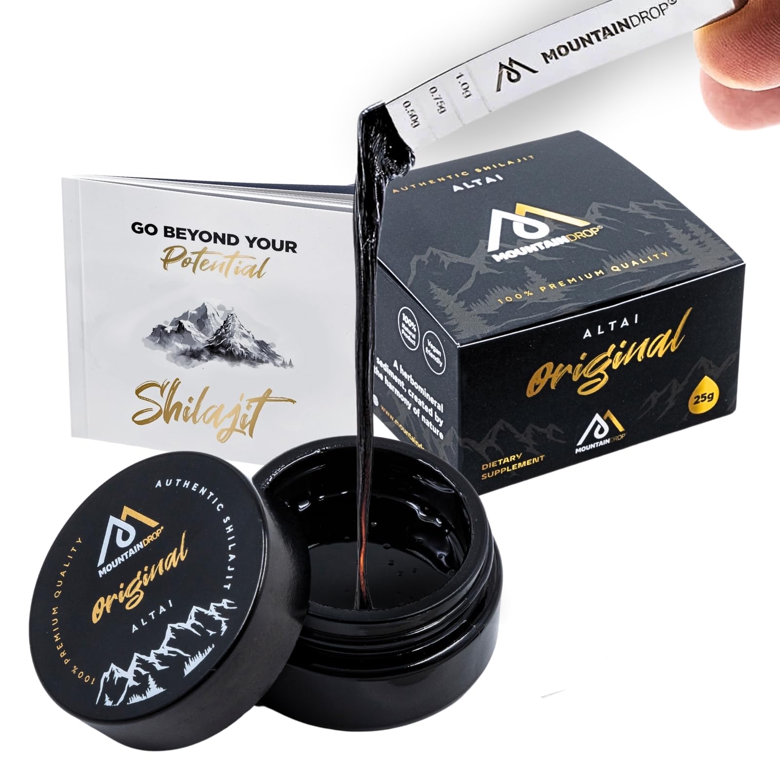 Moutaindrop | Natural and Pure Shilajit | 25g with Spoon | Herbal & Mineral Superfood | Rich in Fulvic & Amino Acids, Minerals, Vitamins | Vegan | Lab-Tested in The EU | UV-Glass