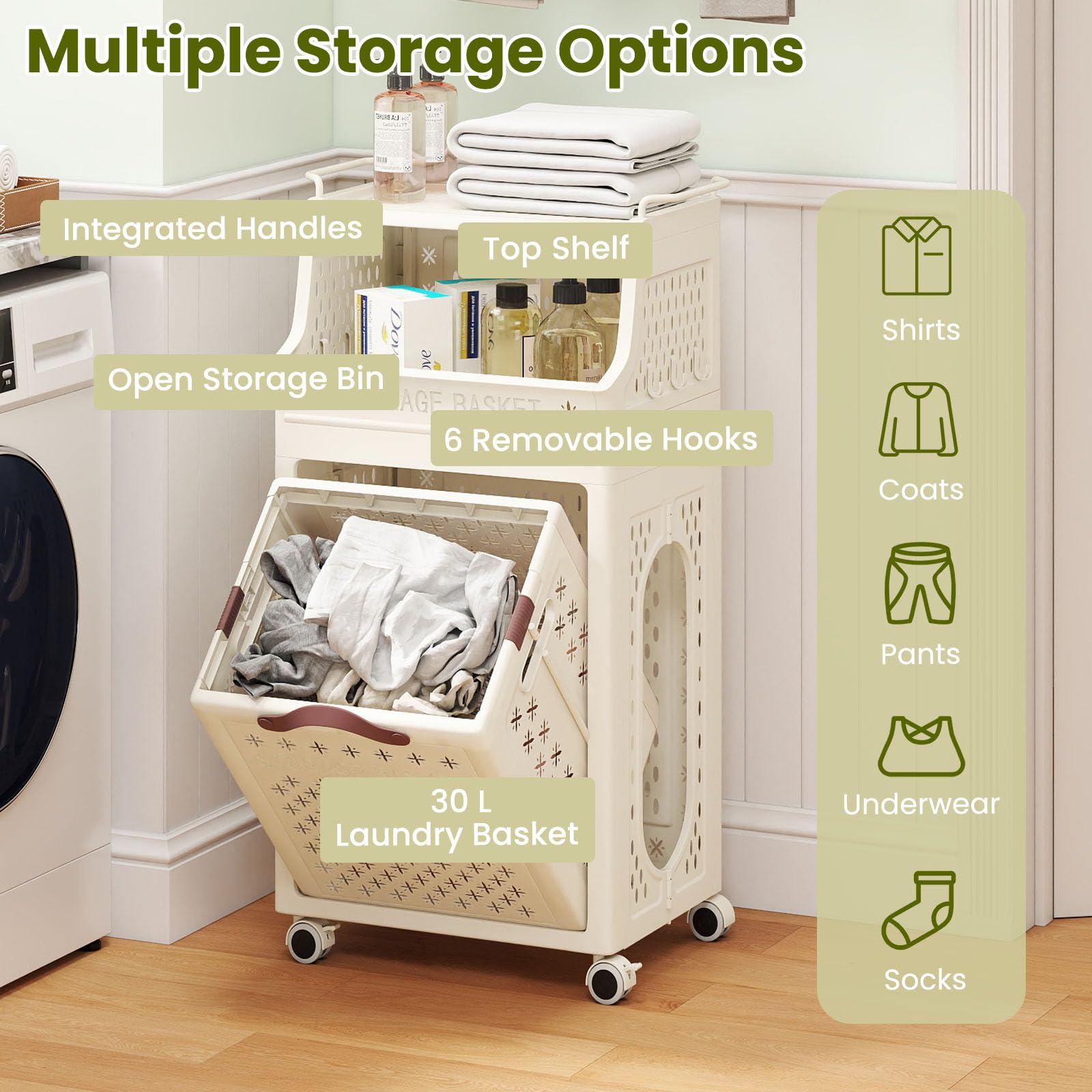 LIFEZEAL - Carrito de lavandería plegable de 3/4 niveles, cesta de ropa con ganchos, ruedas, carrito de almacenamiento móvil para lavandería, cuarto de baño, dormitorio (Beige2, 3 niveles sin barra de
