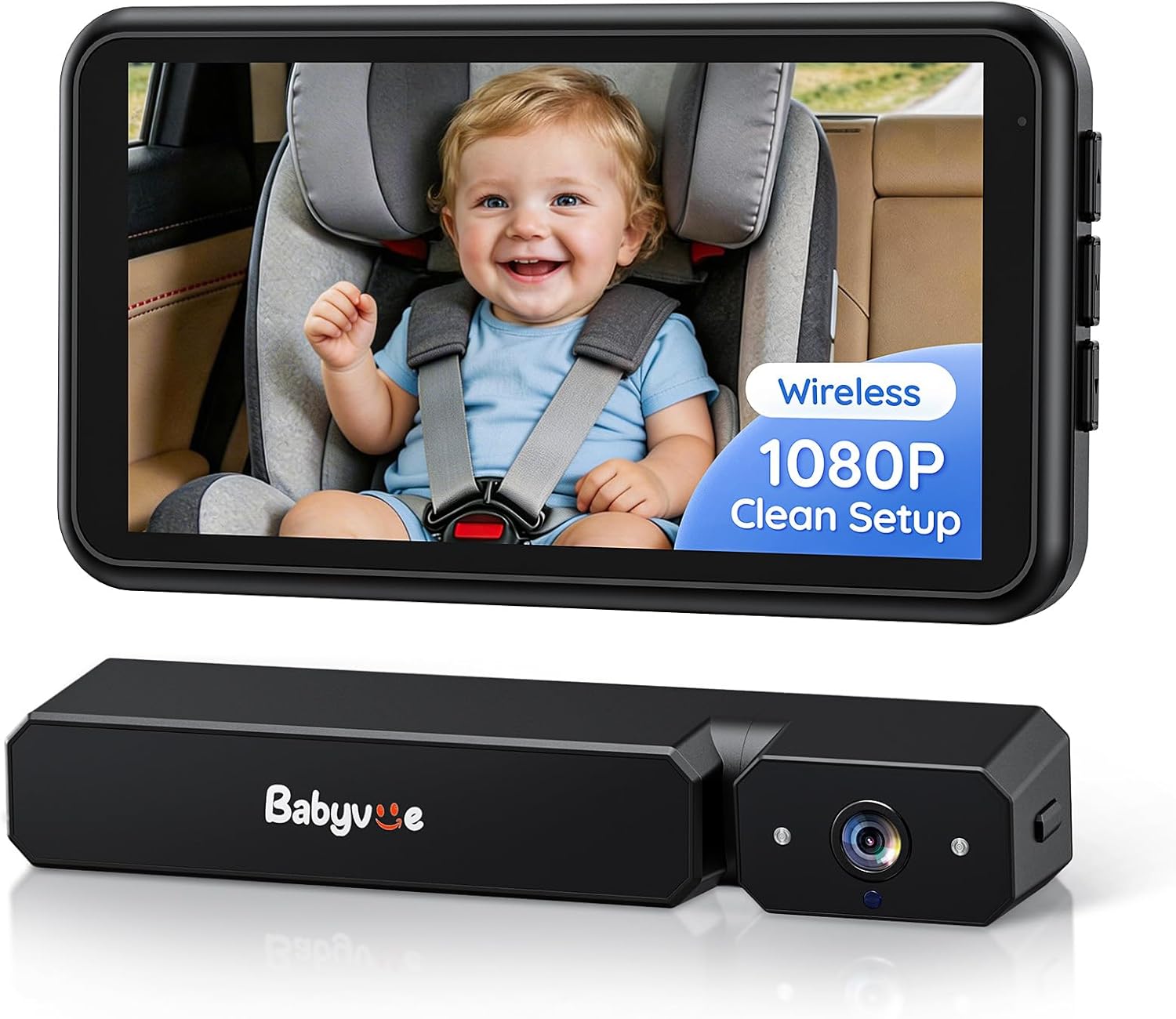 Babyvue Wireless Baby Car Camera,5.2" Display, 1080P HD IR Night Vision, 3X Zoom, Easy Clip-On or Strap Mount Setup, Back Seat Camera for Baby