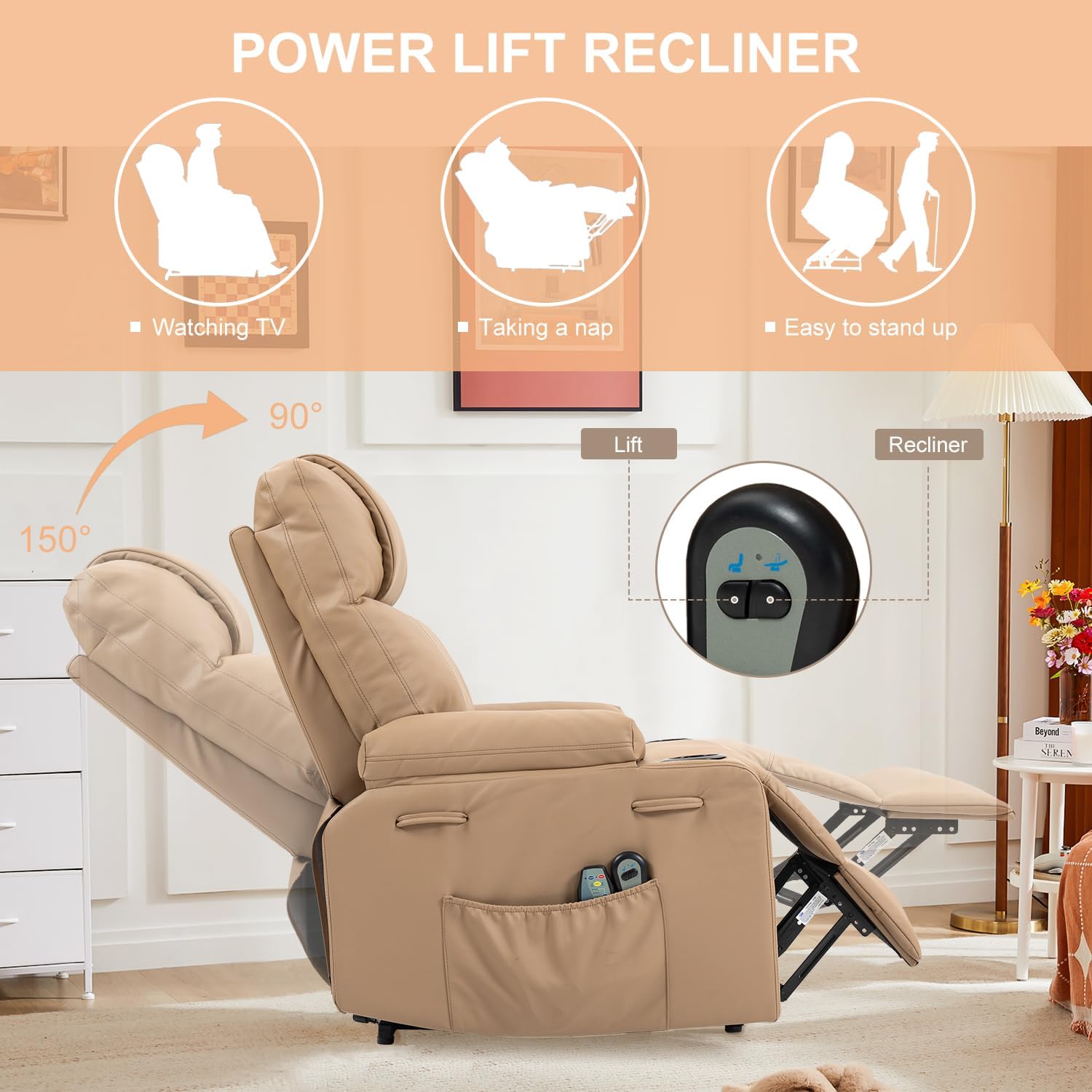 Power Lift Recliner Sofa Chair, Electric Stand Assit for Elderly People, Faux Leather Reclining Chair with Cup Holders, Massage & Heat Functions, Living Room or Bedroom Furniture for Resting, Brown