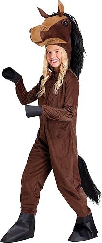 Miniatura 2 de Disfraces de Halloween de caballo para niños, traje de animales de granja para niños, overol con cremallera, capucha de cabeza de caballo rellena