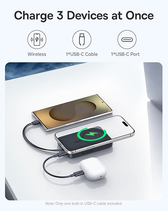 Baseus Magsafe Power Bank, 10,000mAh 30W Magnetic Portable Charger, Fast Charging Wireless Battery Pack with Built-in Braided USB-C Cable for iPhone 17 Pro Max/Air/16/15/14/13, AirPods, iPad and More