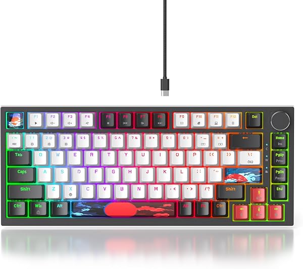 Solidee - Teclado mecánico con cable 75% intercambiable a caliente,Teclado retroiluminado RGB con interruptor rojo,TKL 82 teclas,Teclado compacto NKRO con botón de control de volumen (82 Black_White) - 2