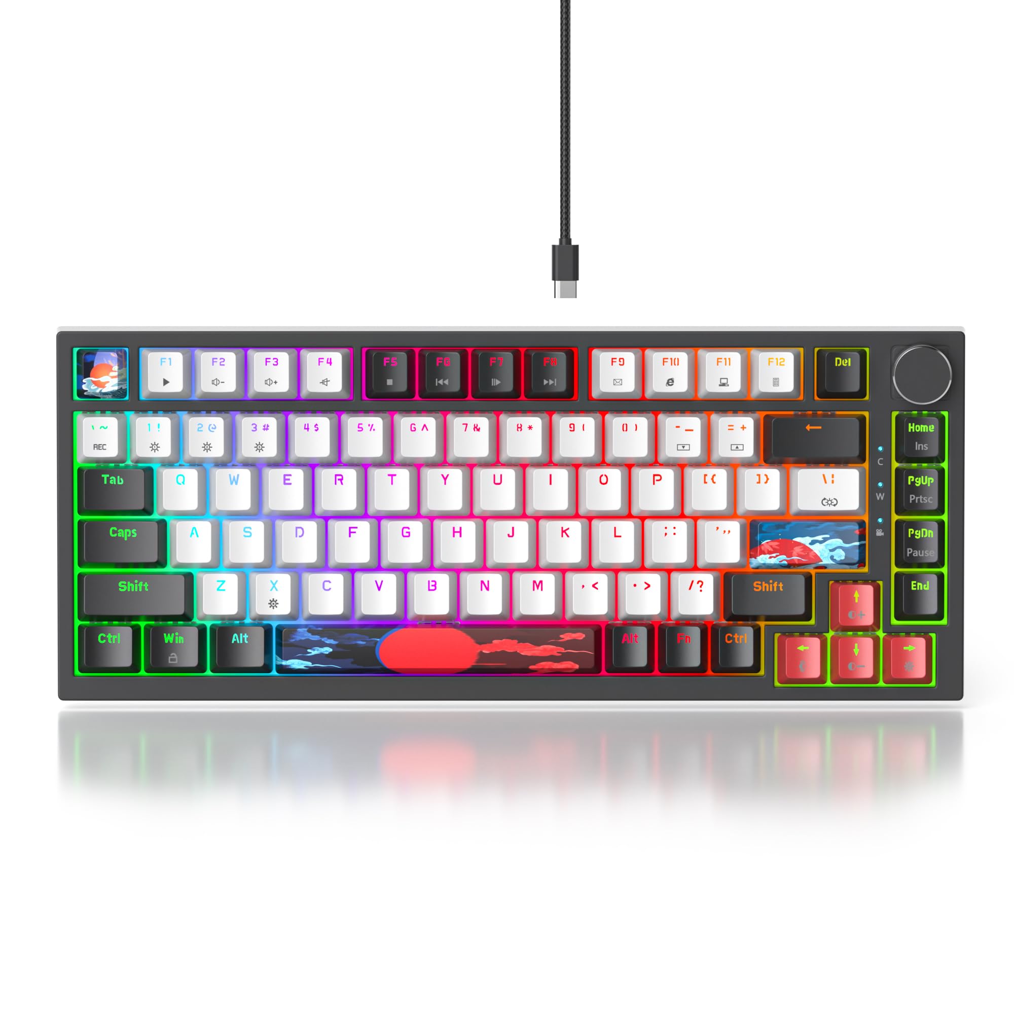 Solidee - Teclado mecánico con cable 75% intercambiable a caliente,Teclado retroiluminado RGB con interruptor rojo,TKL 82 teclas,Teclado compacto NKRO con botón de control de volumen (82 Black_White) - 3