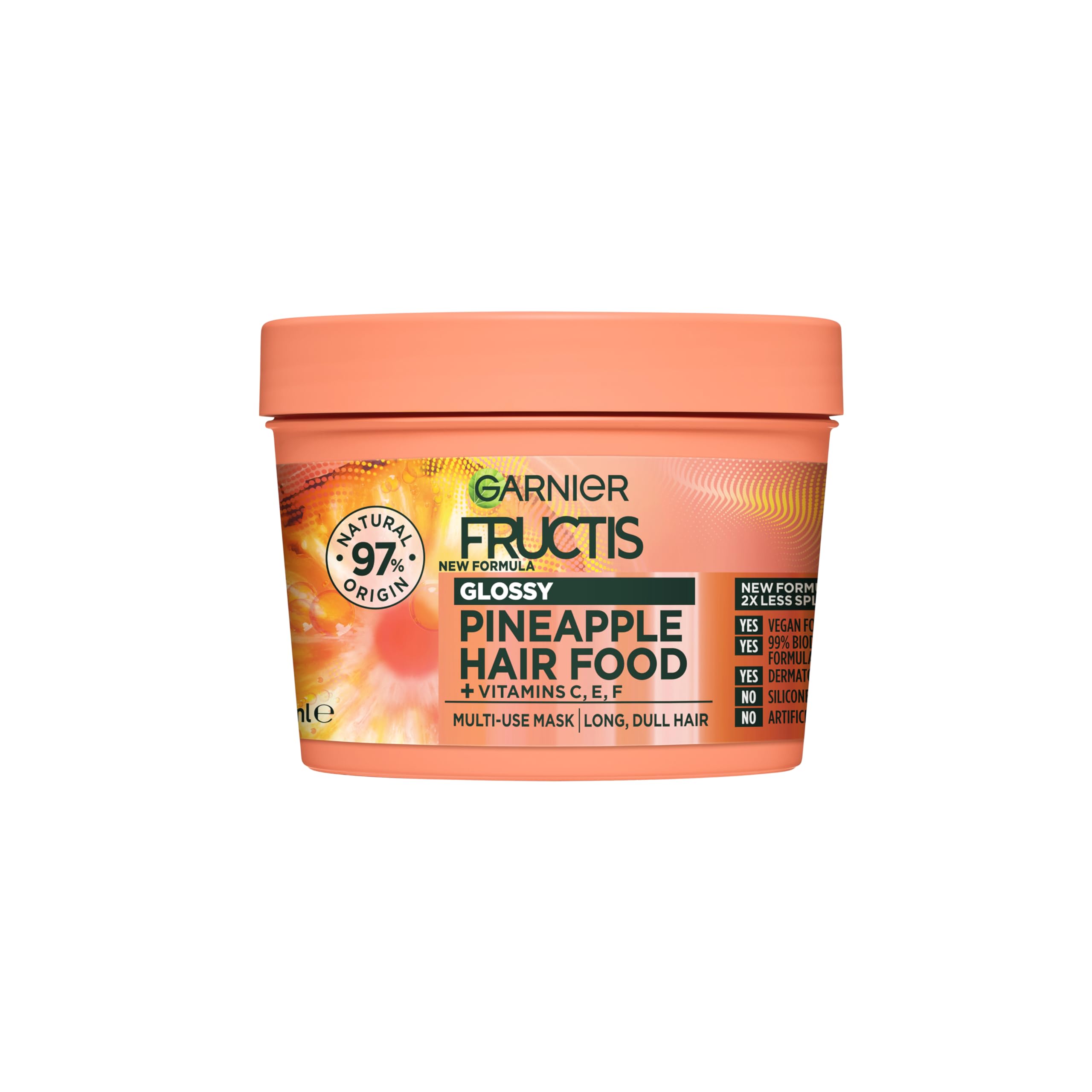 Garnier Fructis Hair Food Pineapple 3-in-1 Hair Mask, Vegan Nourishing for Dull Lifeless Hair, 390ml Silicone-Free Boost