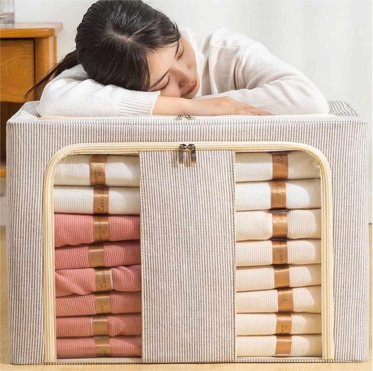 Storage Bins Clothes Storage Bags with Clear Window and Handle Foldable Storage Bag for Bedding Storage Container(G,80L)