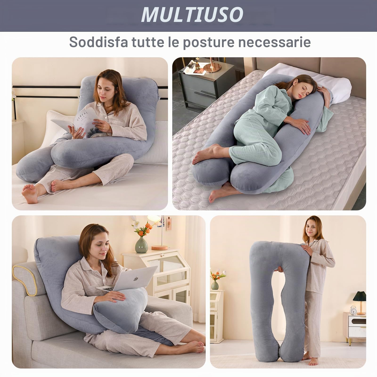 Cuscino Gravidanza - Cuscino Gravidanza e Allattamento Forma di U per Dormire - Cuscino per Allattamento e Gravidanza con Federa in Velluto Sfoderabile e Lavabile - Grigio