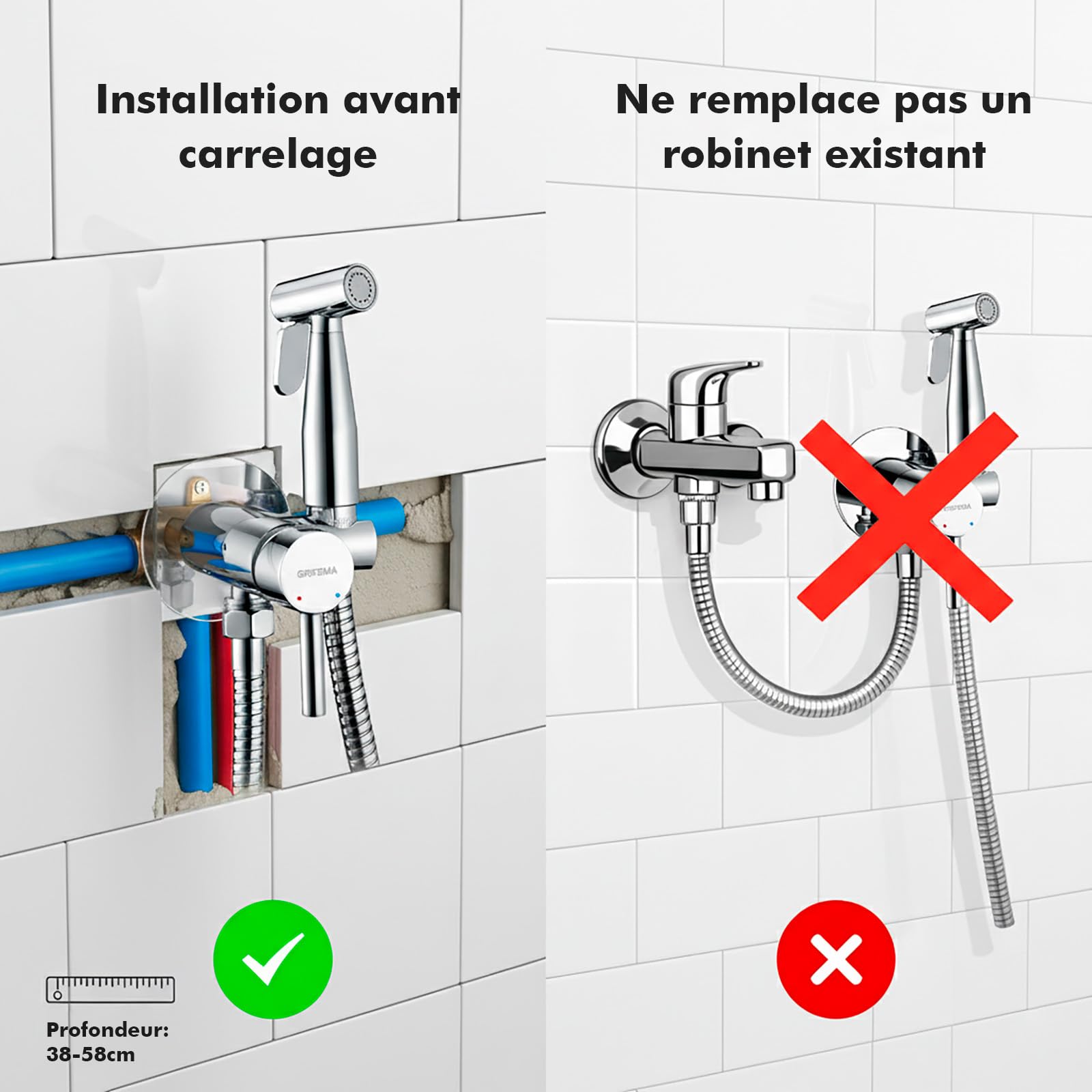 GRIFEMA kit robinet bidet argent avec douchette WC | Mitigeur en laiton, flexible 1,2 m, robinet d'arrêt, support mural, eau chaude et froide