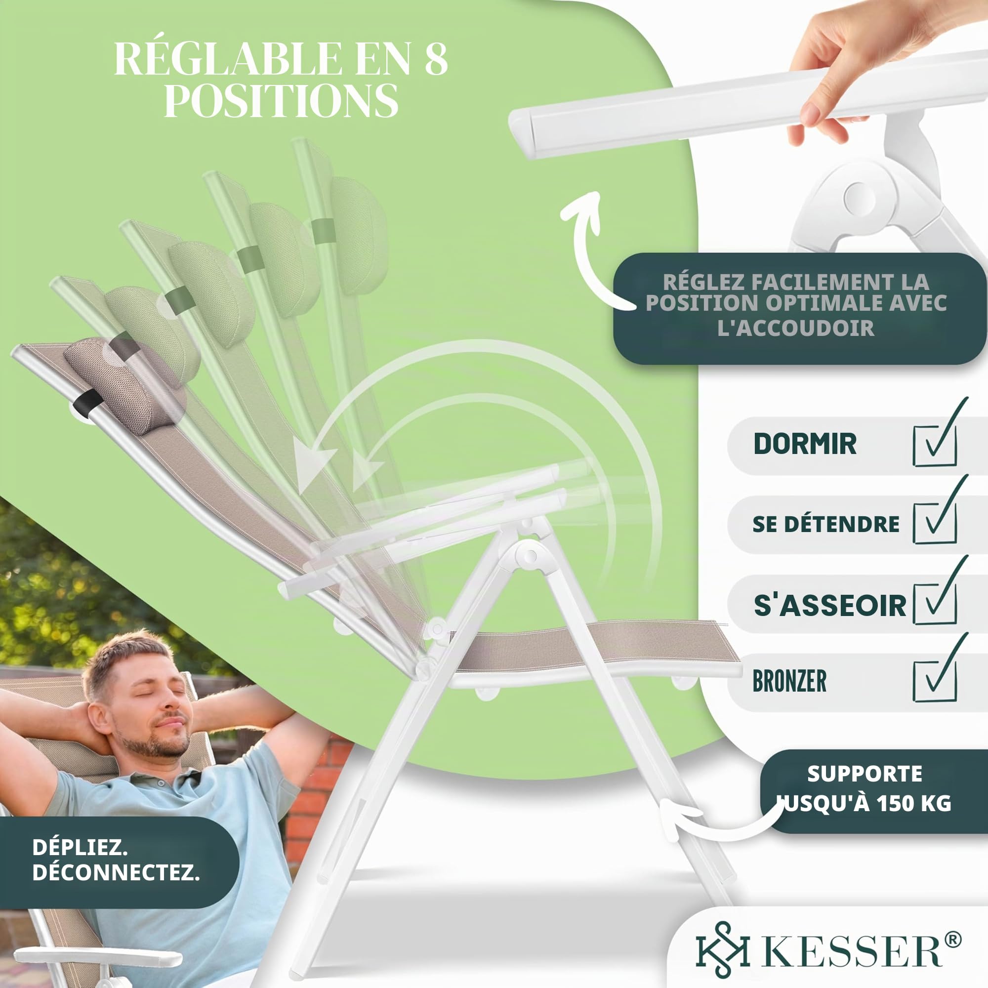 KESSER® Chaise de Jardin à Dossier Haut avec accoudoirs | Lot de 2 | en Aluminium avec Coussin et Housse | avec Dossier réglable en 7 Positions | Respirante, Pliable, Antidérapante | Taupe