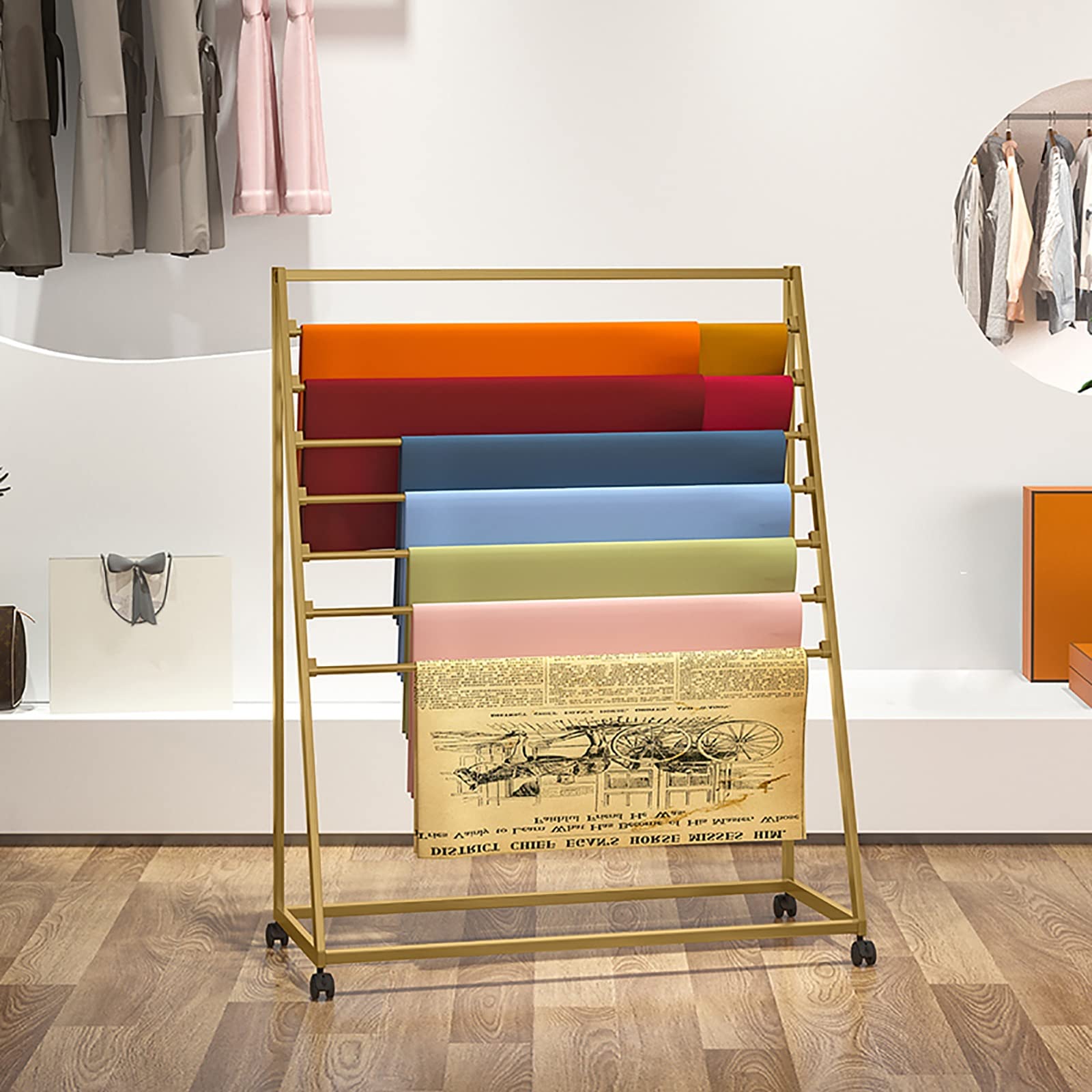 Grandi organizzatori commerciali per carta da imballaggio/carta da parati/fogli/display in tessuto, autoportante scaffale per sciarpe con supporto su ruota, oro-70 x 40 x 120 cm