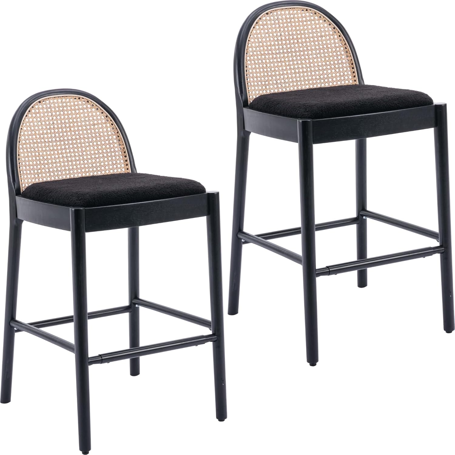 Ya-Home Mid-Century Bar Stools Set of 4, 30 Inch Rattan Back Sherpa Counter Height Barstools Comfy Upholstered Bar Chairs with Wooden Legs for Kitchen Dining Room, Black