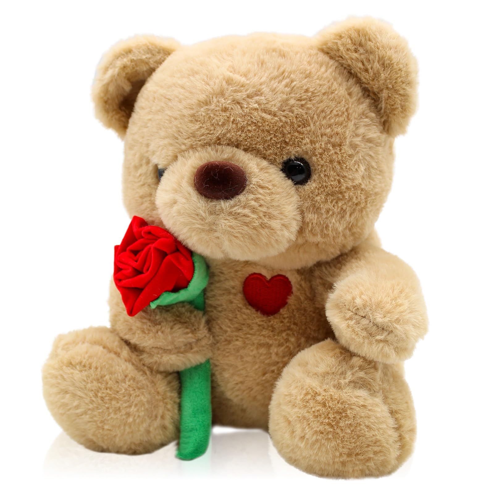 QIGEEKU Teddybär, Teddy mit Rose 25cm, Plüsch-Bär Teddy Kuscheltier, Muttertagsgeschenke für Mama, Süßer Stoffbär Spielzeug, Freundin, Kinder zu Valentinstag, Geburtstag