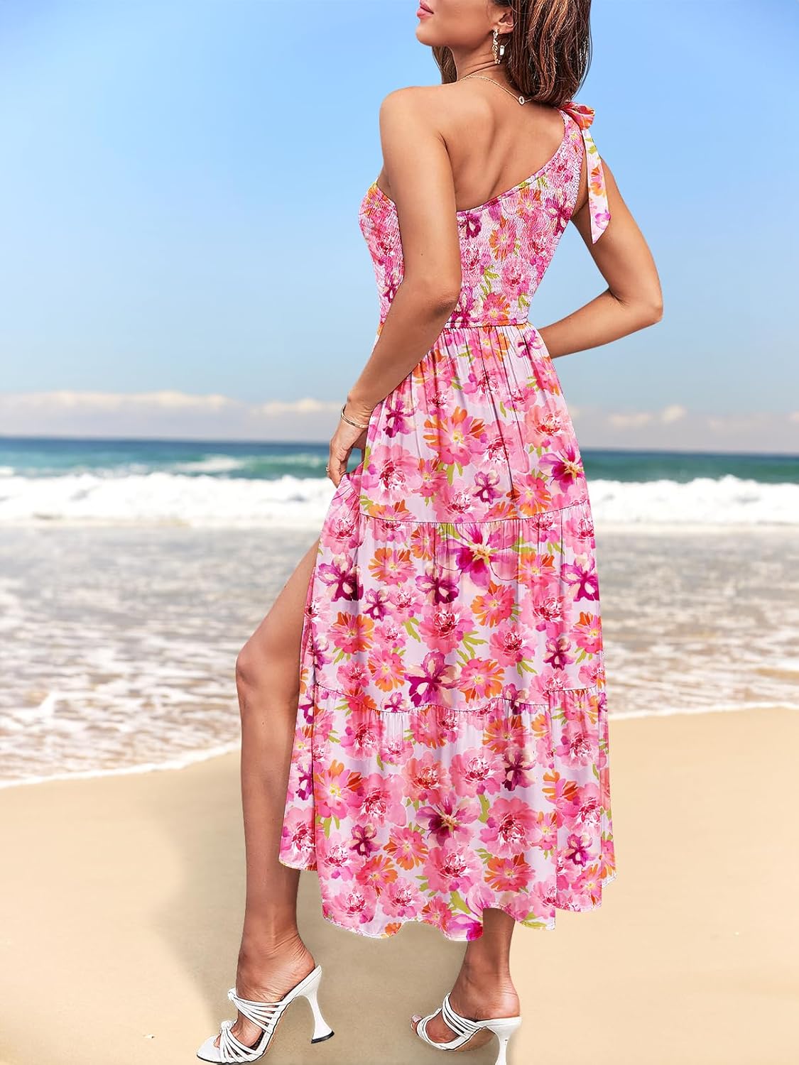 MEROKEETY レディース 夏 ワンショルダー ノースリーブ ノット スモック ミディドレス スプリットティアード 流れるような