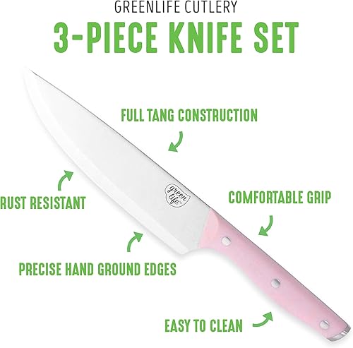 Miniatura 3 de GreenLife Juego de cuchillos de 3 piezas de acero inoxidable de alto carbono con cubiertas, incluye utilidad de chef y emparejamiento, asas de