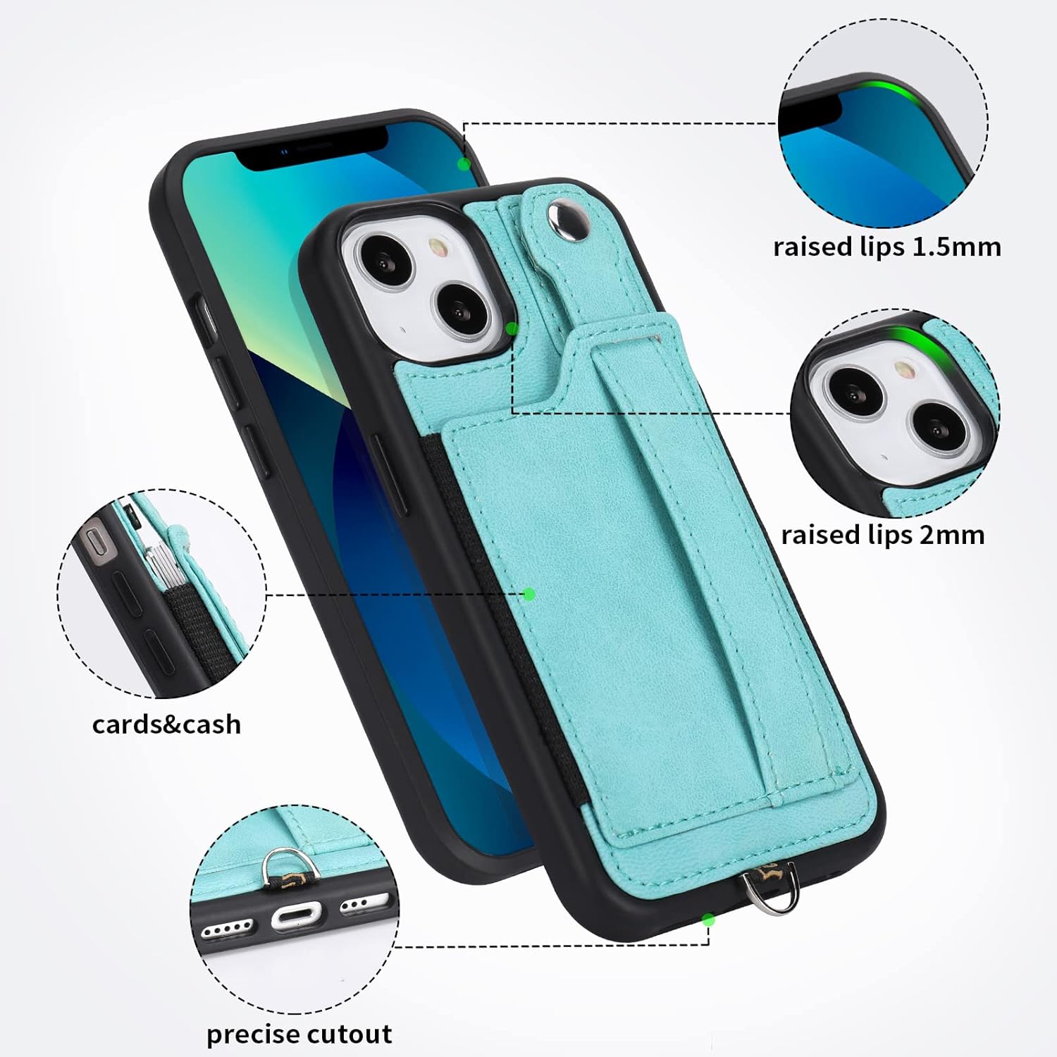 TOOVREN Phone Cover for iPhone 14 Wallet Case with Card Holder PU Leather fits iPhone 14 Case Wallet with Stand Detachable Phone Lanyard Neck Strap Case for Women & Men 6.1-Inch Green - Image 5