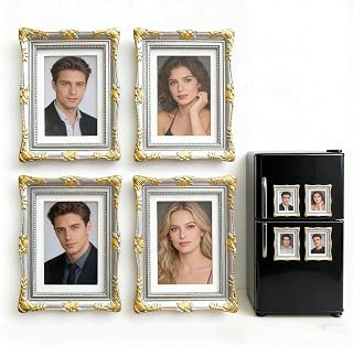 Small Fridge Refrigerator Magnets Picture Frames, Vintage Style Open the Back Cover and Directly Insert For Photos, Paintings, DIY Specimens, Etc. It Can Placed On the Table,Stuck on Fridge(No photo) (4, Silver)