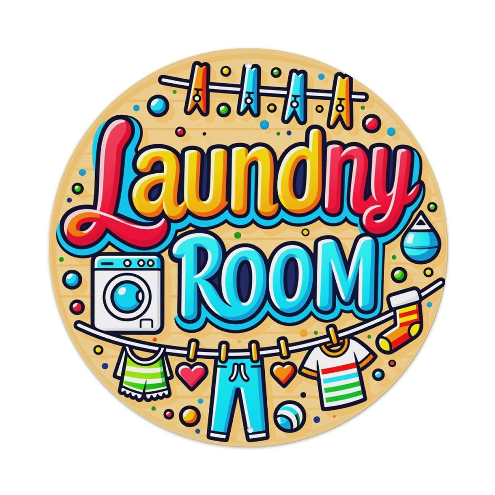 Laundry Room Clothesline Drying Machine Vintage Round Tin Sign Retro Metal Wall Decor Metal Poster, Home Bar Garage Cafe Wall Art Decoration 8x8Inches