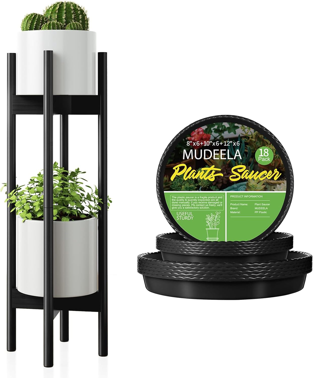 MUDEELA 8" 10" 12" Black Plant Saucers 18 Pack and Plant Stand Black 2 Pack or 2 Tier