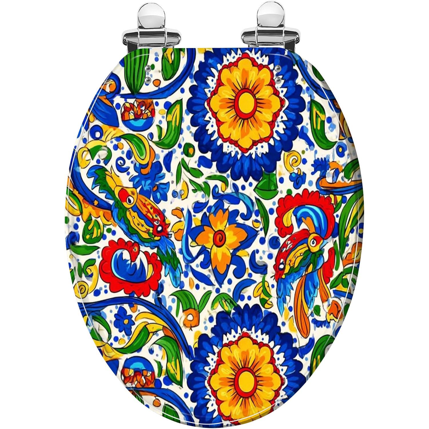 Mexican Talavera Elongated Resin Toilet seat Decorative Traditional Quietly Close Quick Release Hinges with Cover Bumpers Easy to Install Clean, Talavera, Elongated, Mexican, Toilet