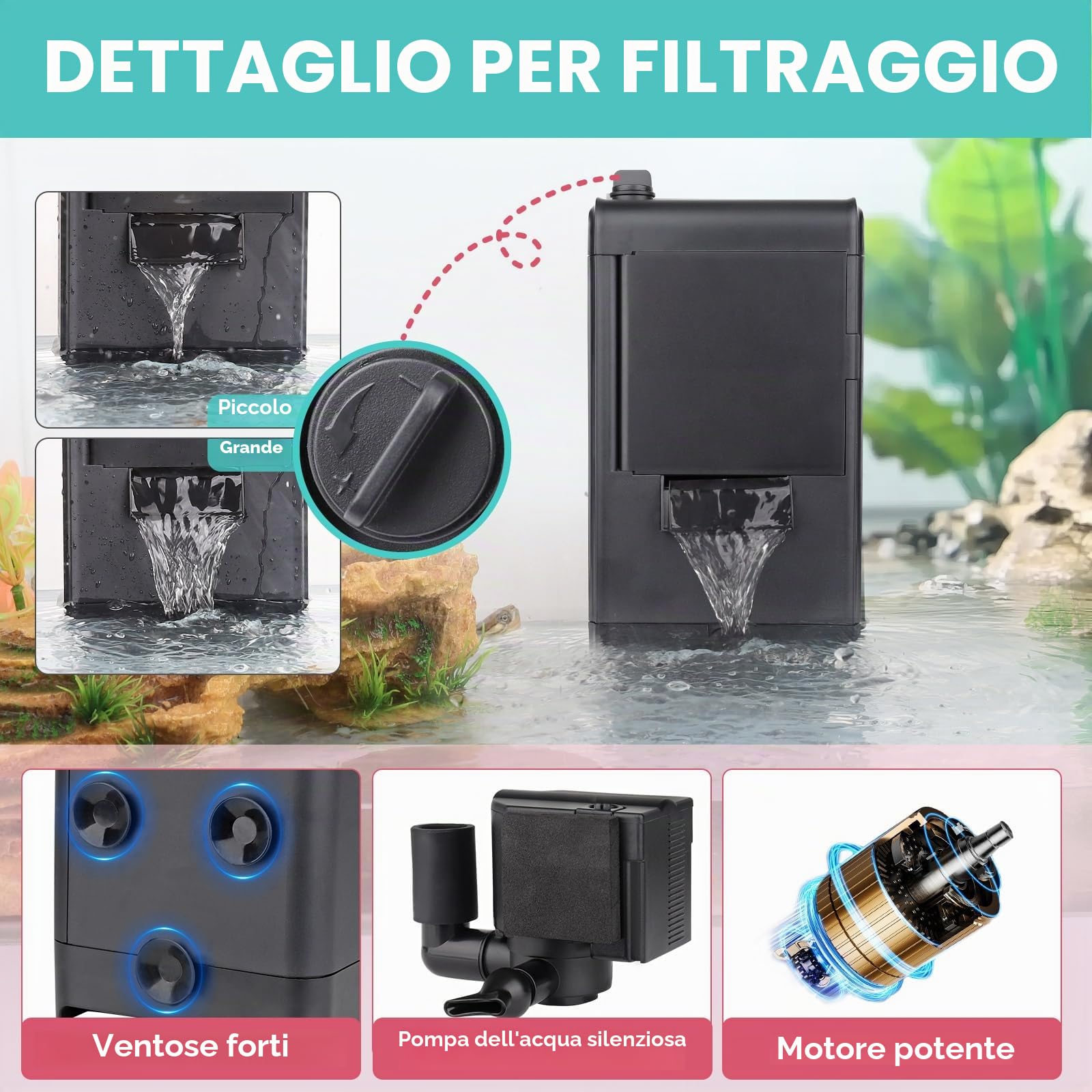 hygger 680LPH Filtro Acquario Tartarughe d'Acqua, 8W Flusso Regolabile Filtro Acquario Interno, Aquarium Filter con Sponge per Amphibian Reptile Frog