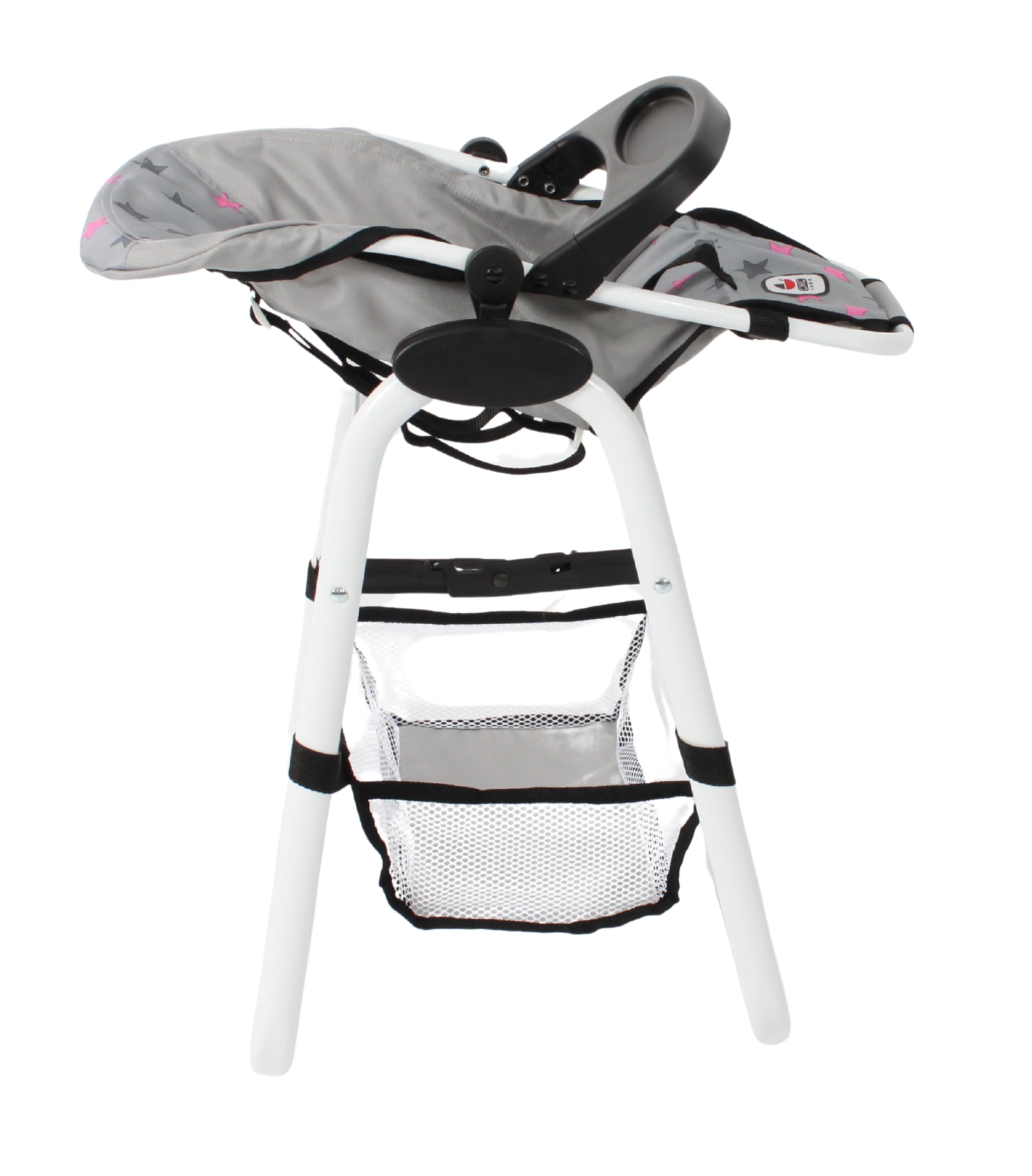 Bayer Chic 2000® Chaise Haute pour poupée - Étoiles Grises - Réglable et Pliable - Porte-Dossier et Filet à Bagages - Poupées jusqu'à 50 cm - Accessoires pour poupée de 3 à 8 Ans