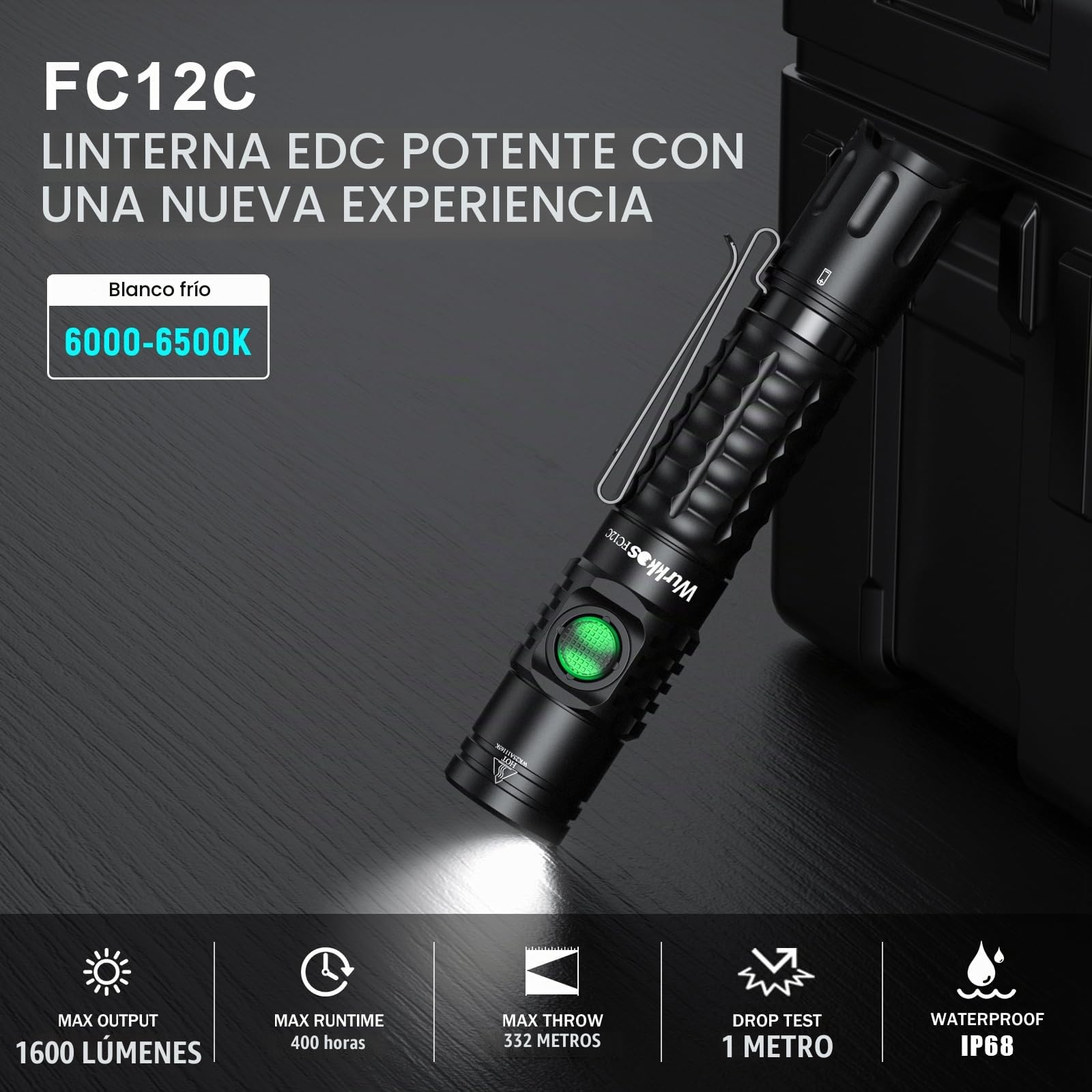 Wurkkos FC12C Linterna Táctica 1600lm LED, IPX8, USB-C | Alcance 332m, driver de corriente constante, interruptor trasero, perfecto para camping, senderismo y caza