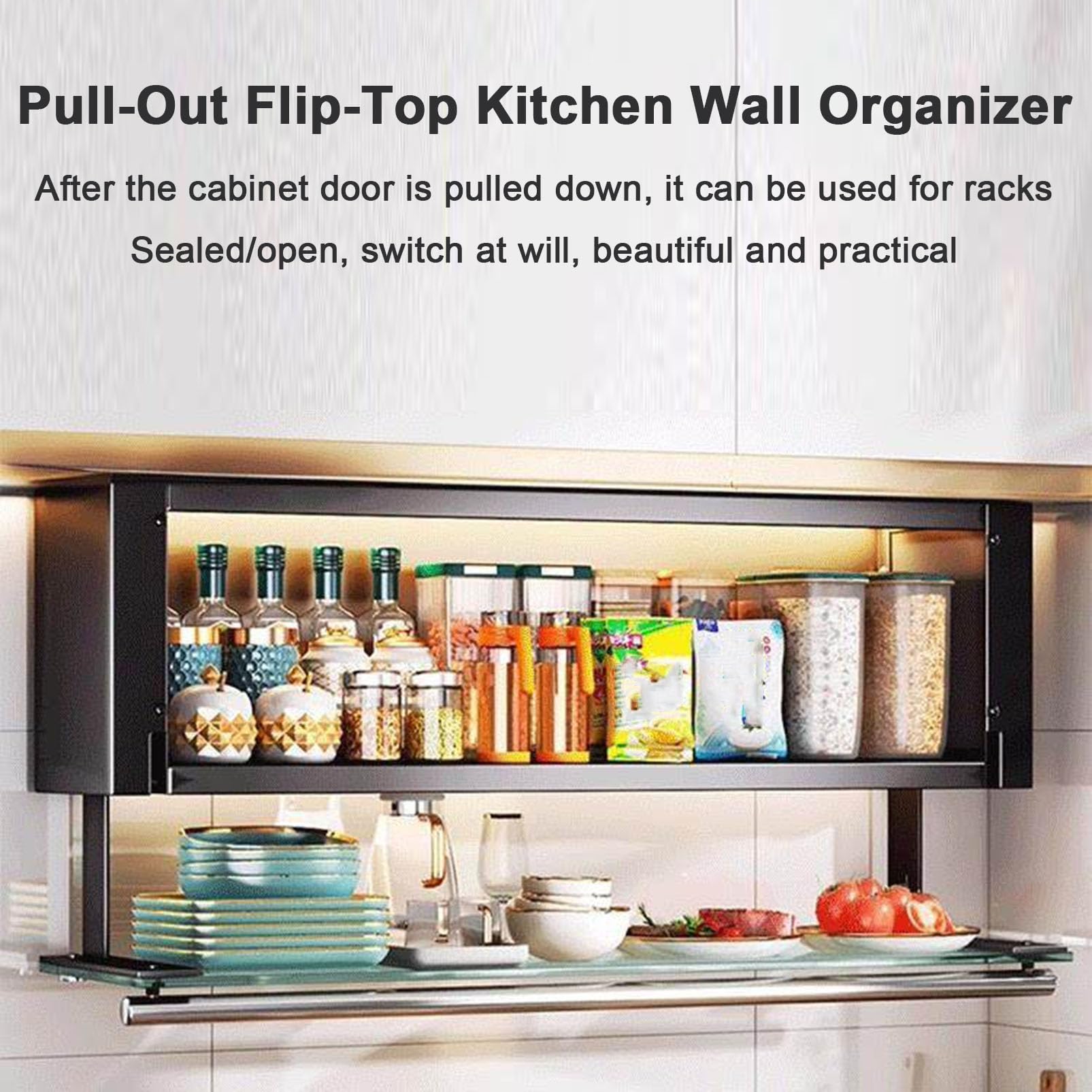 Armoire de Rangement Murale avec Porte en Verre Rabattable, Organisateur de Garde-Manger de Cuisine et Buffet pour épices/Assiettes/Tasses, Armoire de Bar à vin et café pour Salle à Manger