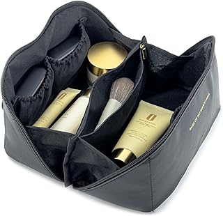 شنطة حريمي لمستحضرات التجميل للسفر بسعة L من سليفو مستحضرات تجميل بيتشلوفت مكياج محمولة جلد البولي يوريثين المقاوم للماء مع فواصل ومقبض أسود