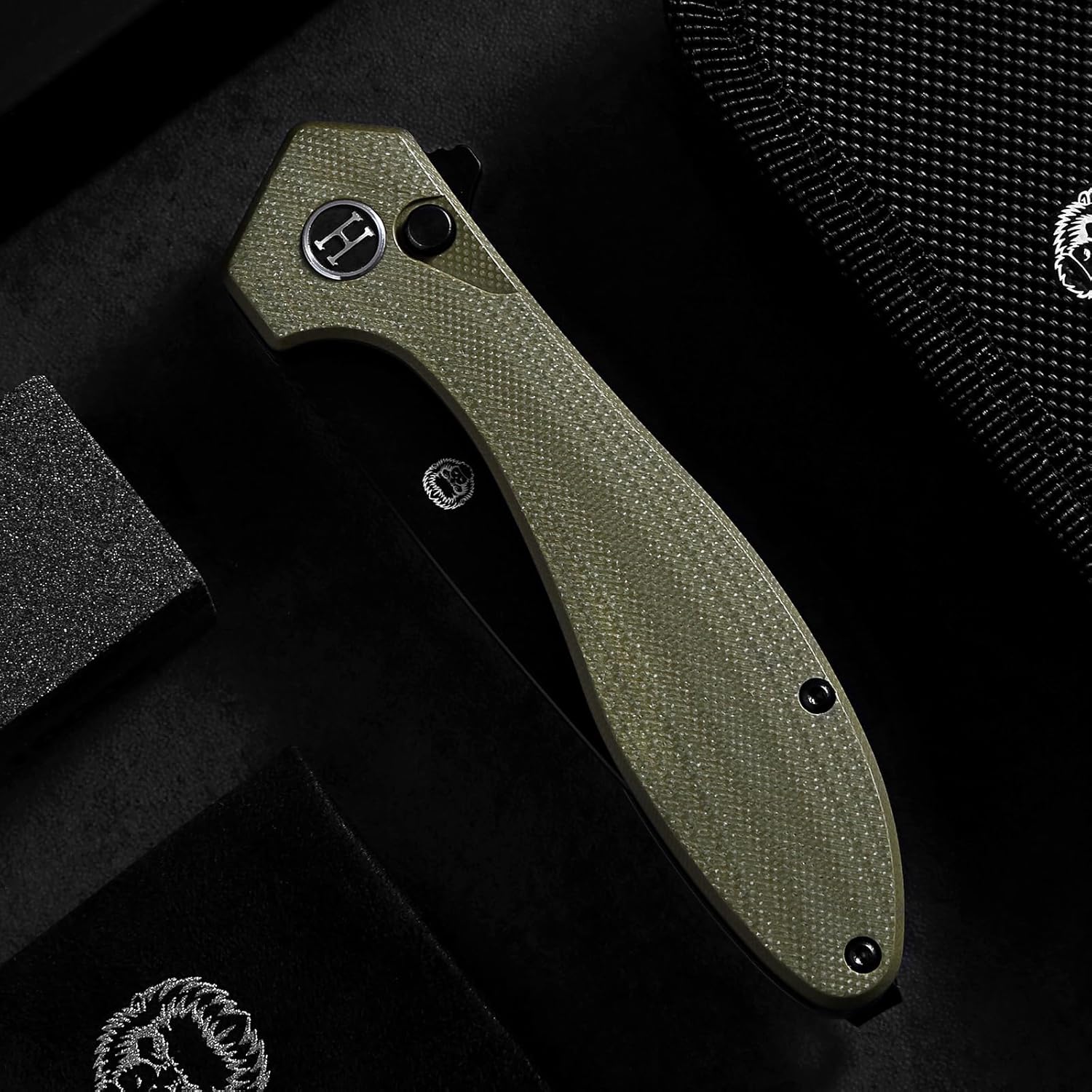 Holtzman's Gorilla Survival Folding Pocket Knife for Men – D2 Steel Blade, G10 Handle – EDC Folding Knife Gift Set with Case & Sharpening Stone (black blade+OD green G10 handle)