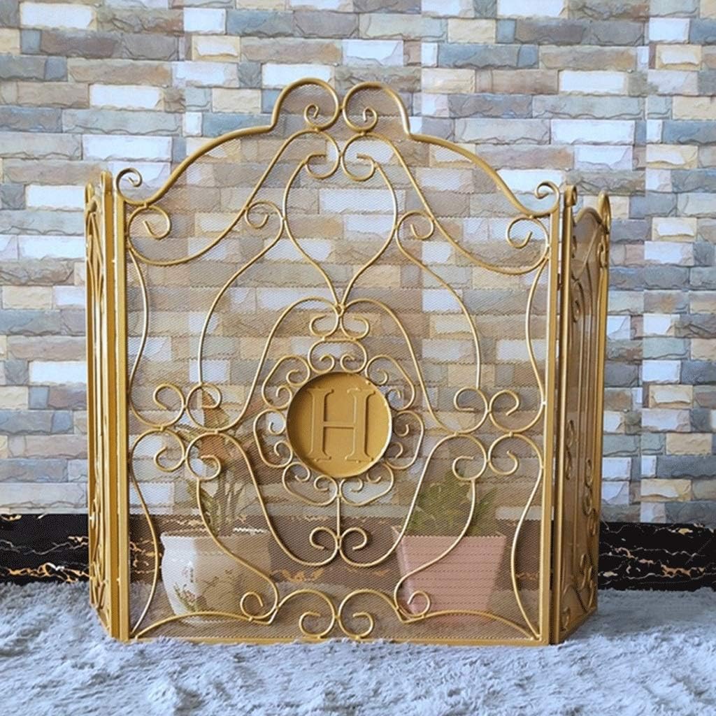 Iron Spark Guard, 3-Panel Fire Screen, Fireplace Fender H X W 60 X 90 cm, Black,Gold Fire Screen (Color : Gold) (Gold)