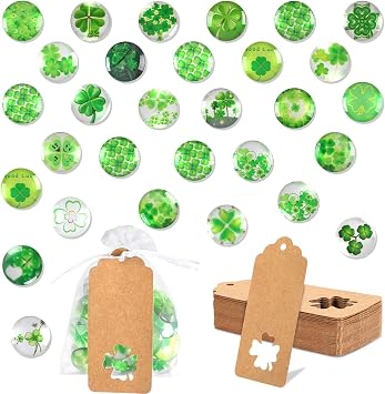 MARFOREVER Four Leaf Clover Glass Stones Sets 25mm Clover Lucky Charm Glass Stones with Organza Bag and Gift Tag for Jewellery Making Home Decoration DIY Crafts