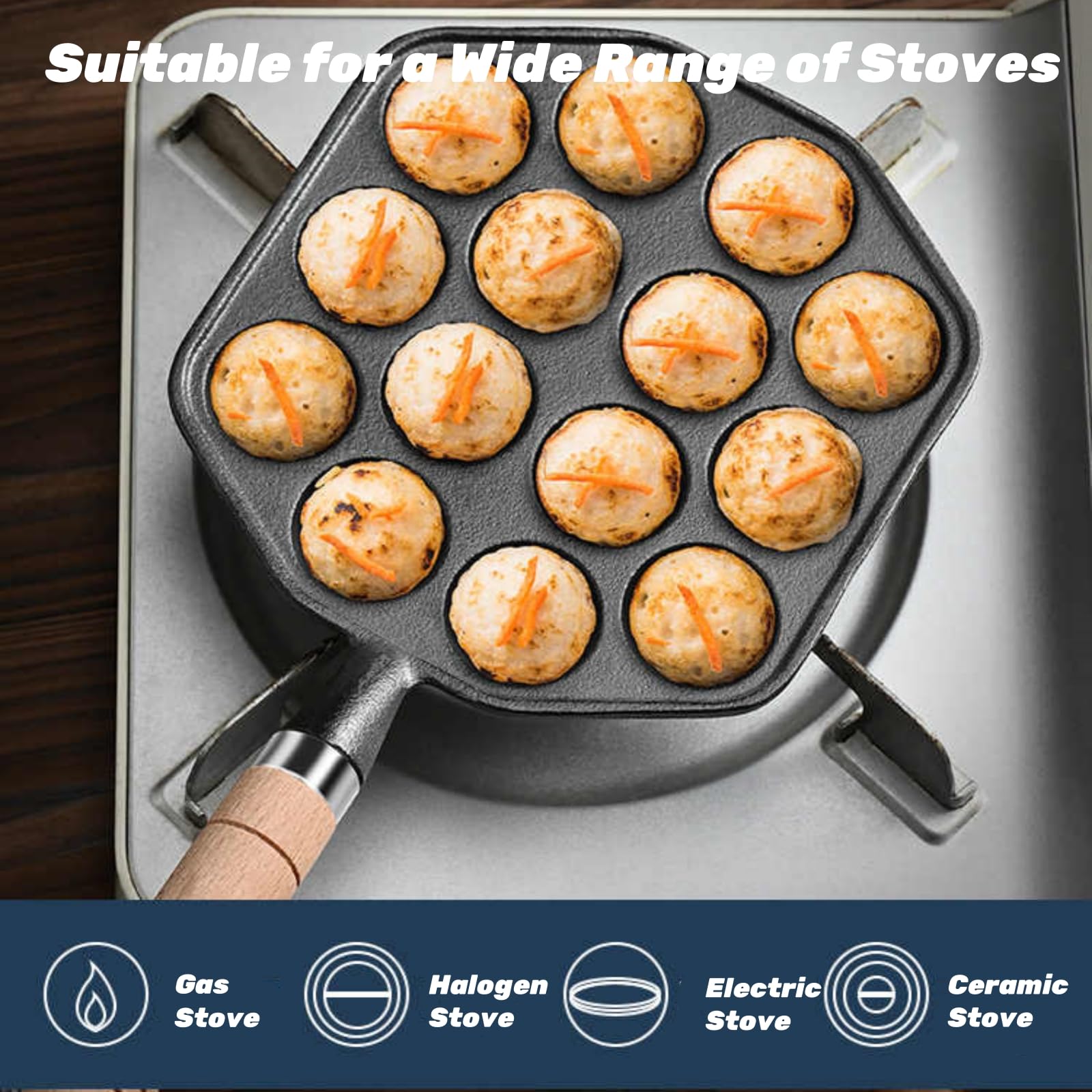 Topyond Takoyaki Padella Ghisa, Padella Grill Per Takoyaki, 14 Fori Antiaderente Di Cottura Muffa Del Vassoio, Pancake Piastra con Manico Staccabile, Takoyaki Piastra