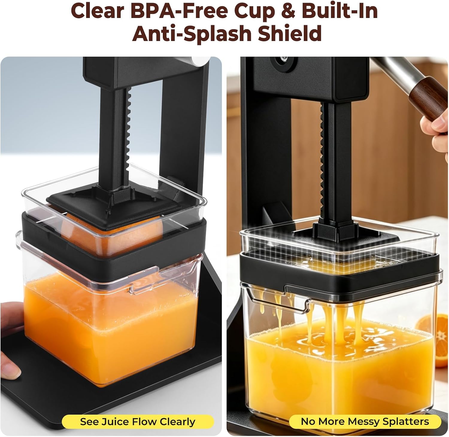 Food-Grade Aluminum Manual Citrus Juicer - Heavy Duty Lever Fruit Press with Anti-Splash Shield & Clear BPA-Free Juice Cup, Hand Squeezer for Oranges, Lemons & Grapefruits, Perfect for Home & Bar
